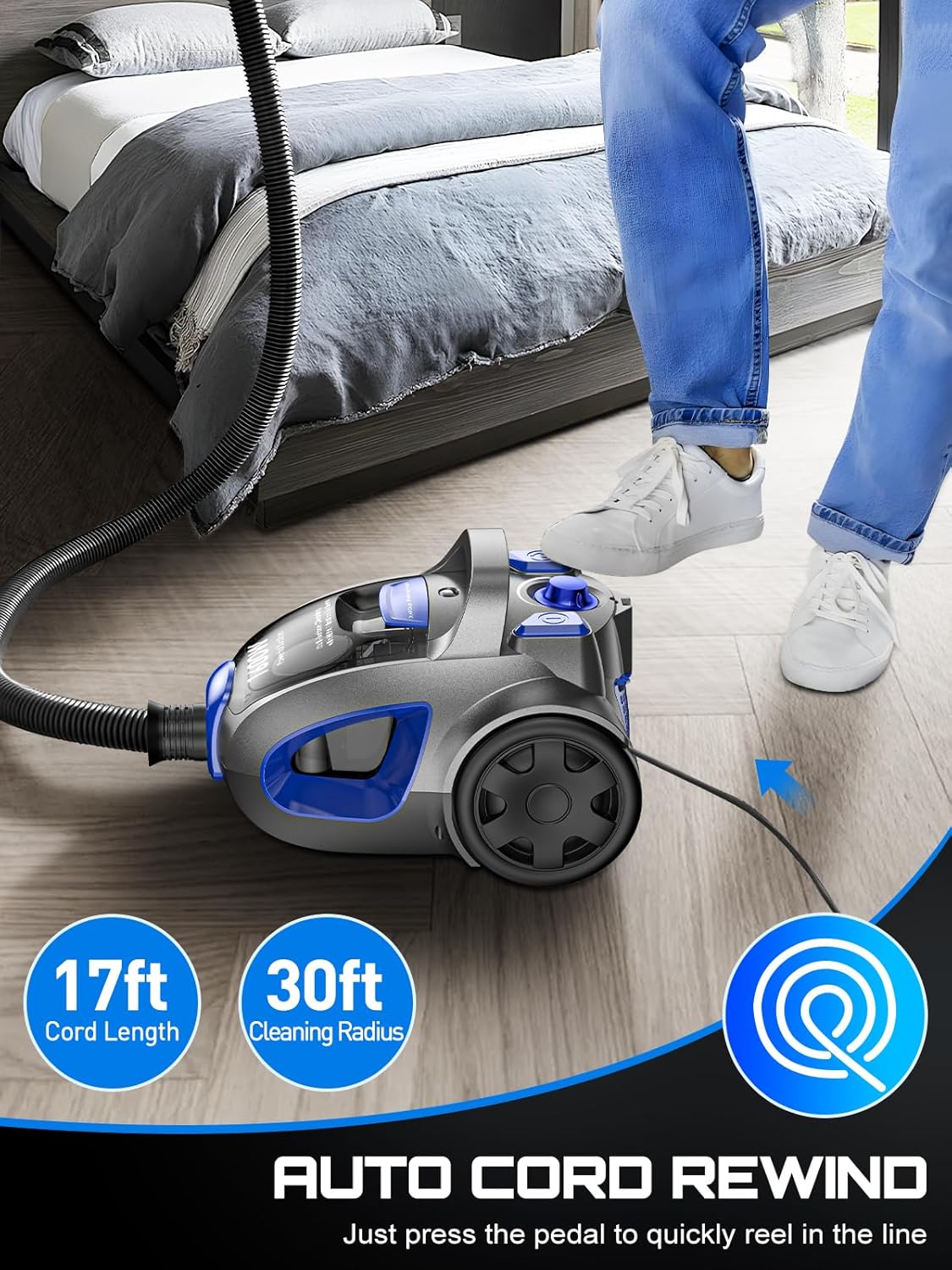 Canister Vacuum Cleaner, 40Kpa 1600W Cyclon Power Bagless Canister Vacuum Cleaners for Home, 3.7QT Large Dust Cup, Lightweight Vac for Hard Floors, Carpets, Pet Hair, Blue