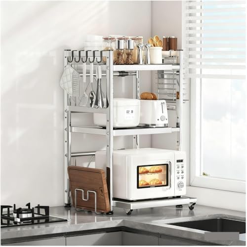 Adjustable Microwave Countertop Stand with Pull-Out Bottom Tray, Metal Microwave Oven Rack for Kitchen Counter Storage(Silver,29.8