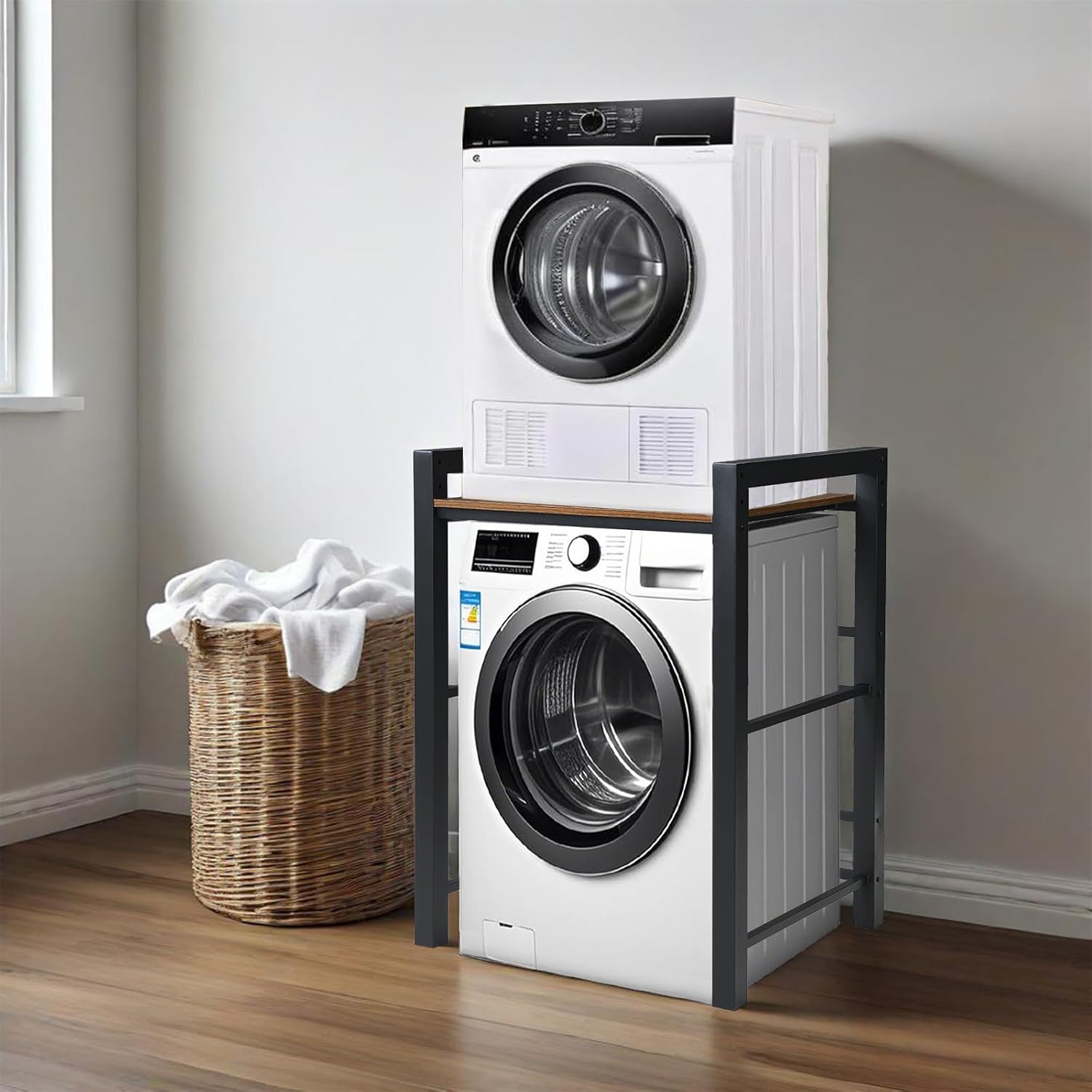 Portable Washer and Dryer Stand, Heavy Duty Steel Shelf Over Washer and Dryer, Laundry Room Organizer with Adjustable Laminate, Washing Machine Shelf for Bathroom and Laundry Room (Black)