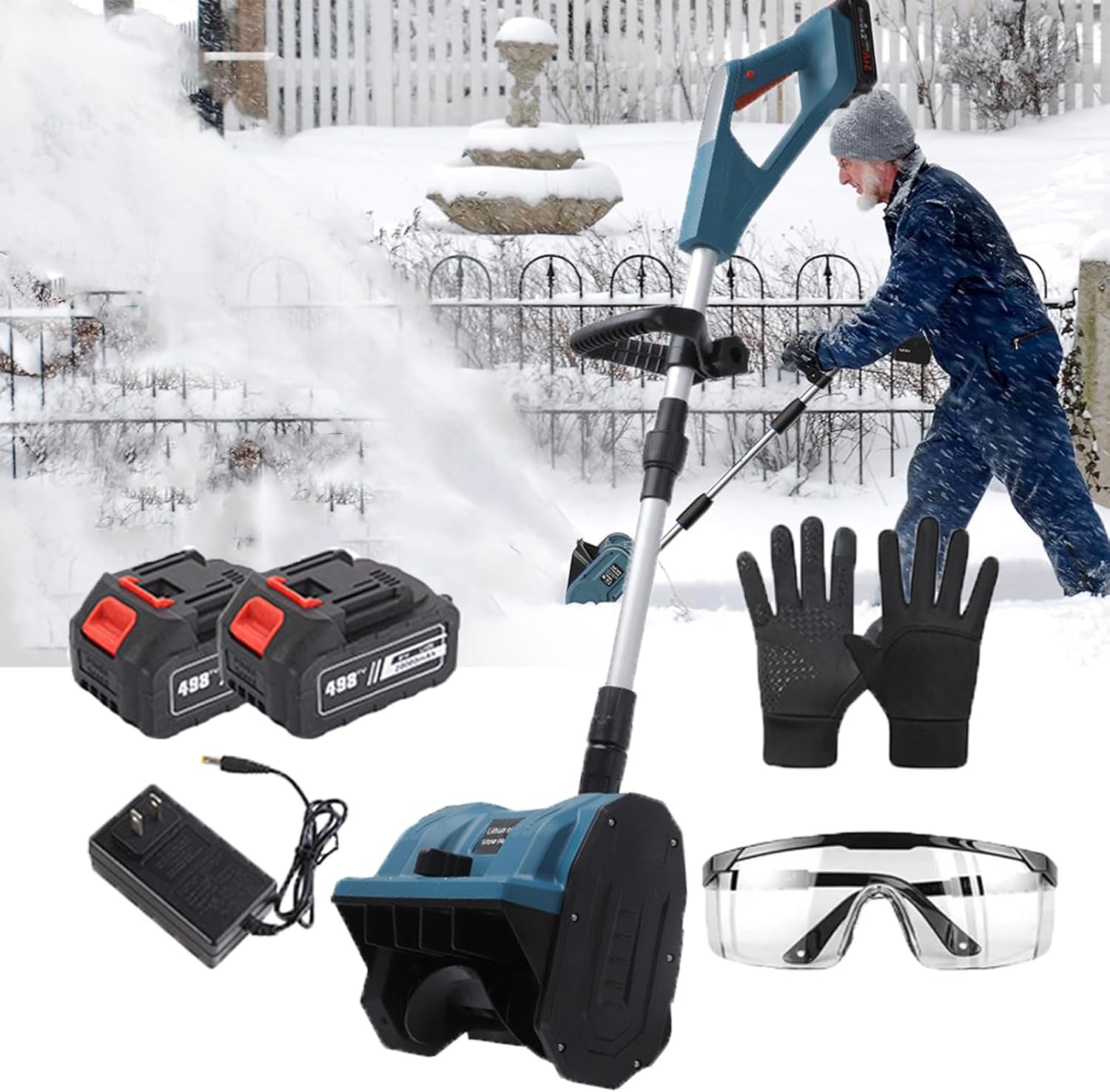 Lightweight Folding Snow Blower, Cordless Electric Snow Shovel with Adjustable Front Handle & Directional Plate, Snow Thrower for Courtyard, Street, Garage,Blue-2Batteries