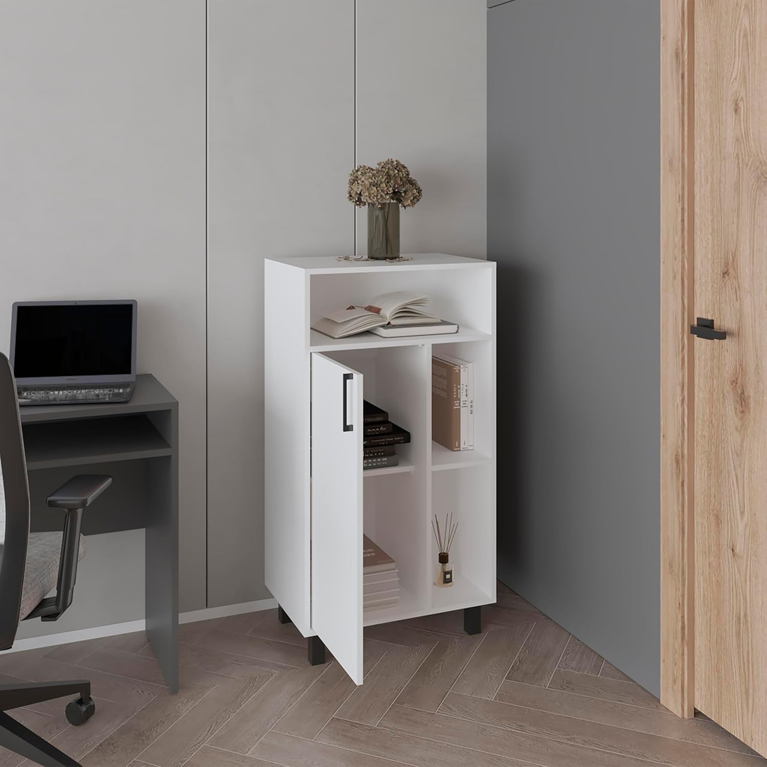 espidoo Bryce Base Cabinet White: Modern Compact Organizer with Door & Shelves - Sturdy Engineered Wood Storage for Kitchen & Laundry Room - Extra Prep Area & Appliance Space