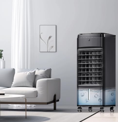 NOMEY 3-IN-1 Portable Air Conditioners 4 Modes & 3 Speeds, Waterless Alert System, 12H Timer, 1 Gal Detachable Water Tank, 4 Ice Packs, Remote, 70° Oscillation Windowless Evaporative Air Cooler