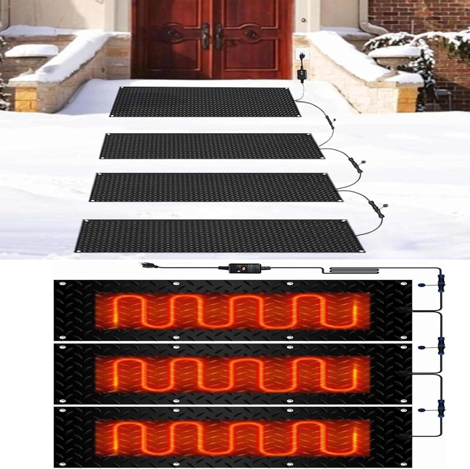 Snow Melting Heated Mats for Winter Snow Removal, Non-Slip Waterproof Electric Heated Snow Melting Mats, for Winter Outdoor Stairs, Steps, Doorways,3 Pcs-40x60cm/15.7x24in
