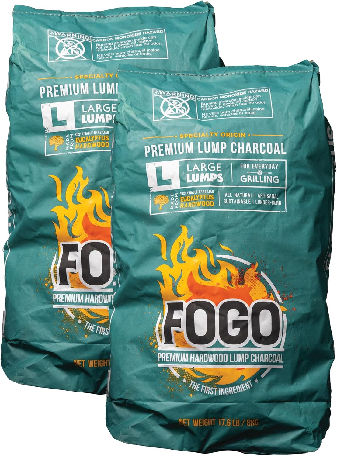 FOGO Brazilian Blend Hardwood Lump Charcoal, Natural, Large Sized Lump Charcoal for Grilling and Smoking, Restaurant Quality, 17.6 Pound Bag, 2-Pack