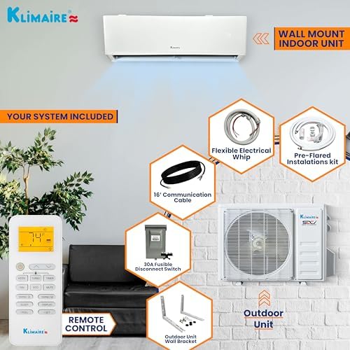 Klimaire 12,000 BTU 22 SEER2 Wall Mounted Ductless Mini Split Inverter A/C Heat Pump System w/ 16’ Installation Kit & Wall Mounting Bracket 115V