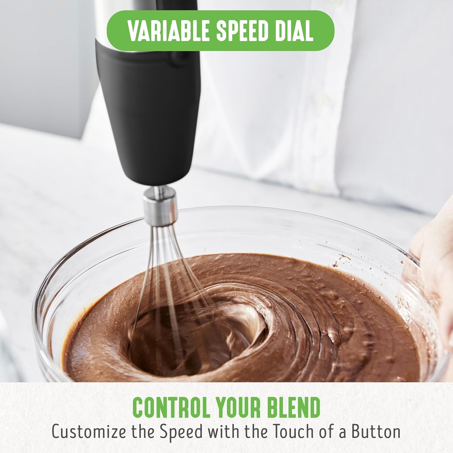 GreenLife 500-Watt Immersion Electric Handheld Stick Blender with Stainless Steel Blades, Whisk, Frother, Measuring Cup and Lid, Soups, Puree, Cake, Multi-Speed Control, Portable, Black