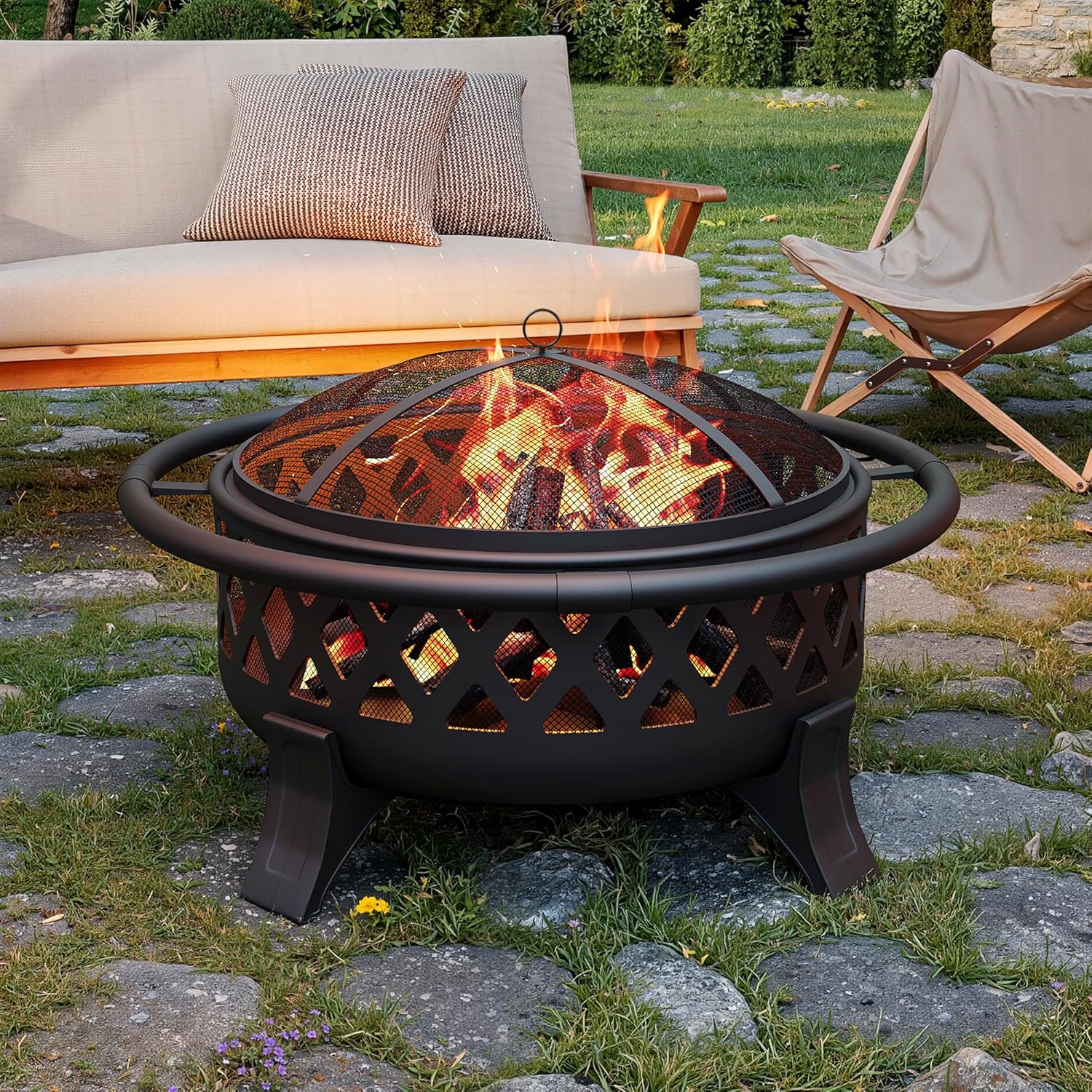 37 Inch Wood Burning Outdoor Fire Pit with Spark Screen Cover, Portable Firepits for Camping, Patio and Backyard Use