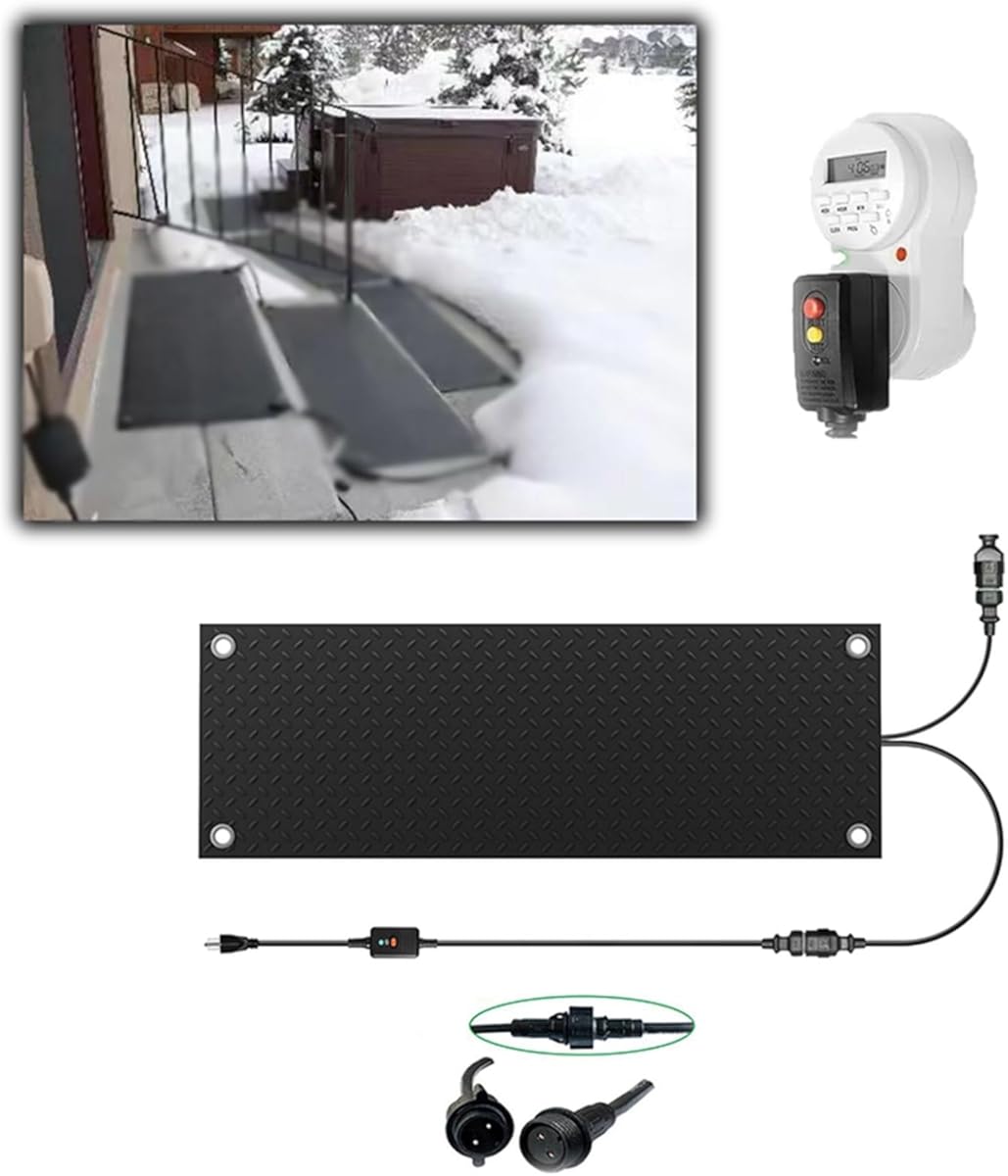 Electric Heated Snow Melting Rubber Mats Outdoor, Anti-Slip Winter Heated Walkways Mat for Driveway Stairs Sidewalks, 2 in/h Melting Snow and Ice Melt Pads with Timer(4 Pcs,11.8x48in)