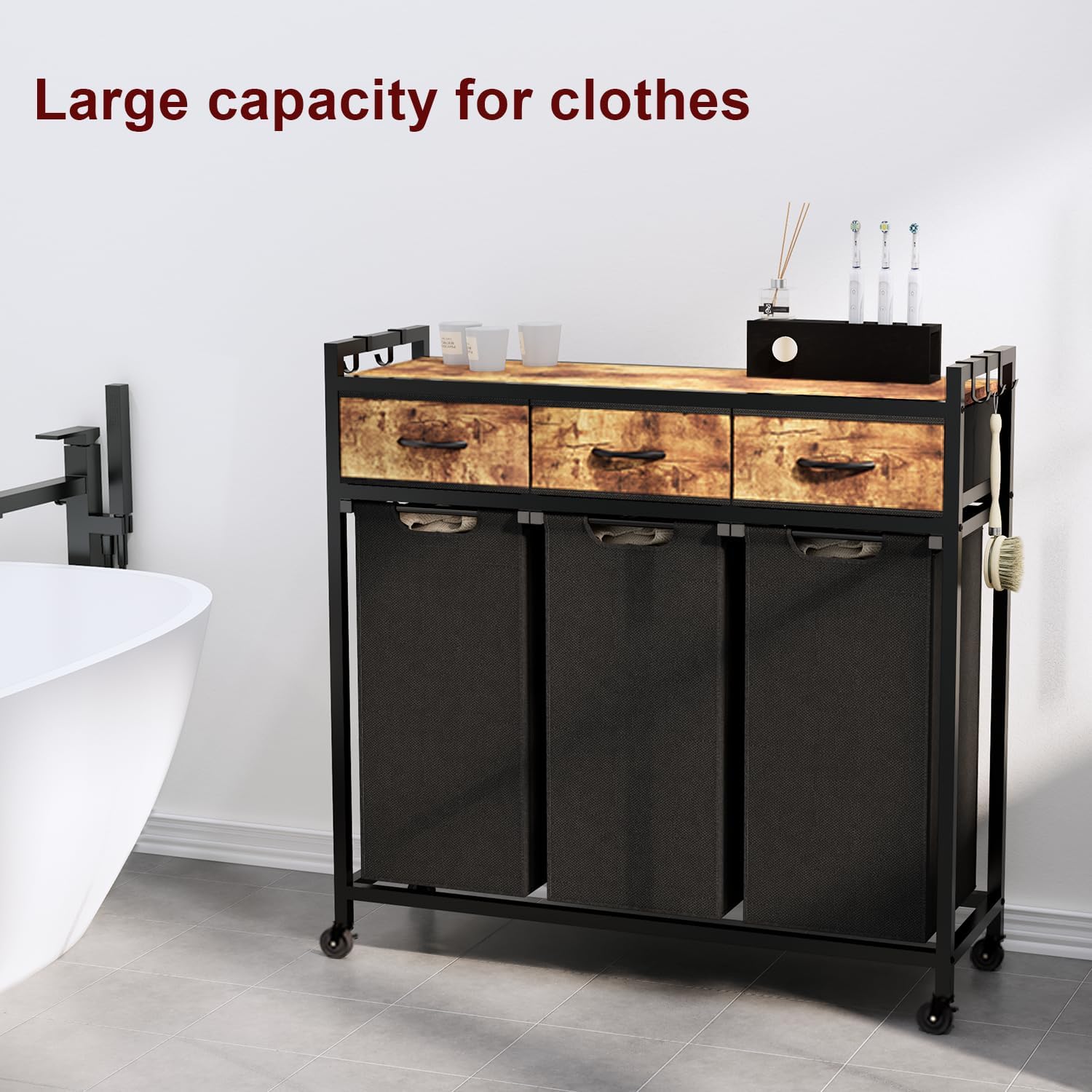 Laundry Hamper, Laundry Sorter 3 Section, Rolling Laundry Basket with Wheels, 3 Drawers, 3 × 14.5 Gal (55 L), Pull-Out and Removable Oxford Fabric Bags, Black and Rustic Brown