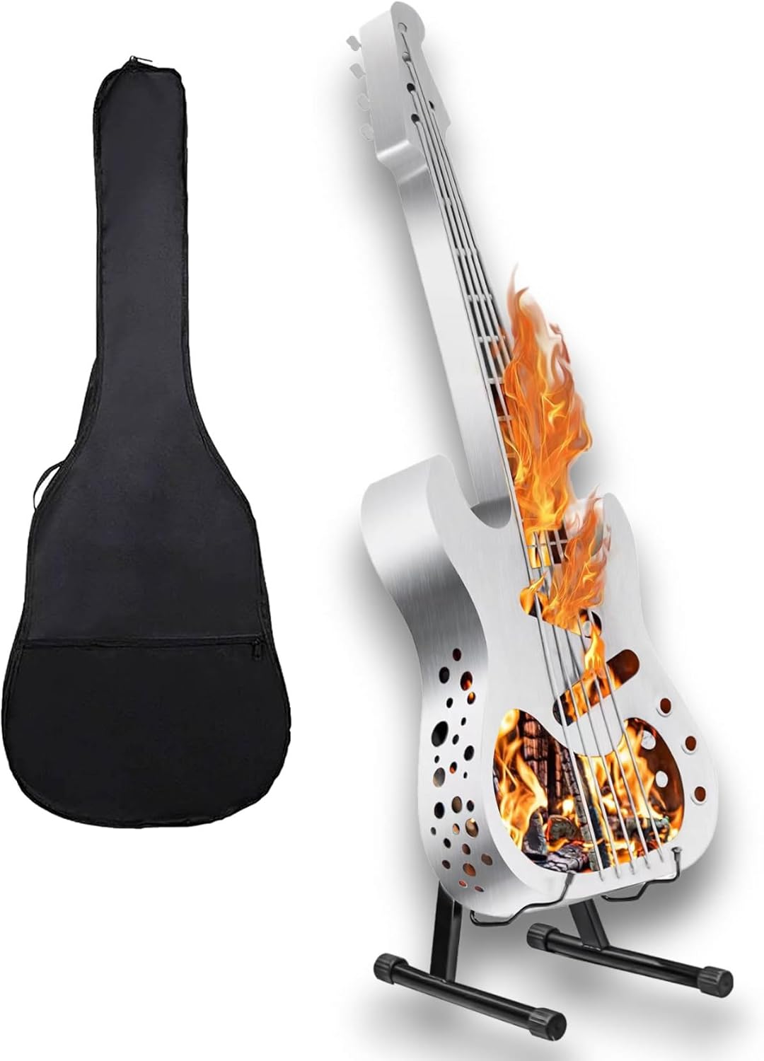 Bass Fire Pit Brazier, Wood Burning Portable BBQ Grill & Outdoor Fireplace, 304 Stainless Steel with Bass Bag & Stands - Perfect for Camping, Lake Houses, Beach, Backyard Gatherings