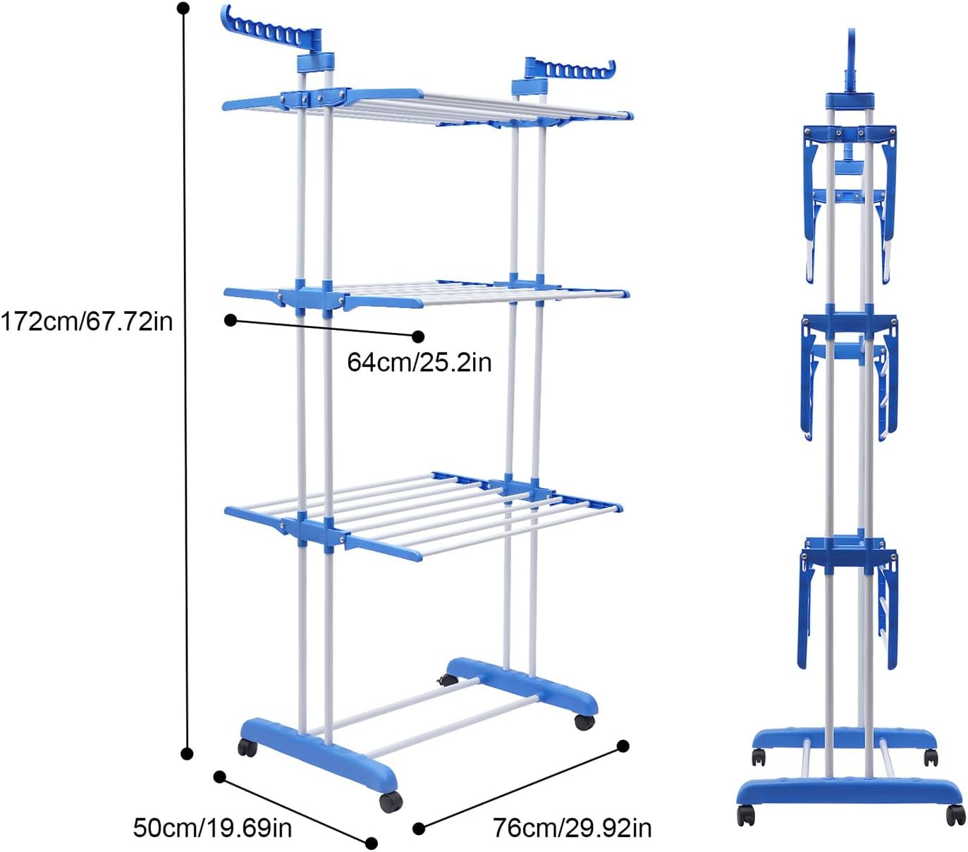 Clothes Drying Rack,4-Tier Collapsible Laundry Rack,Stand Garment Drying Station with Wheels,Stainless Steel Laundry Garment Dryer Stand with Two Side Wings,Blue