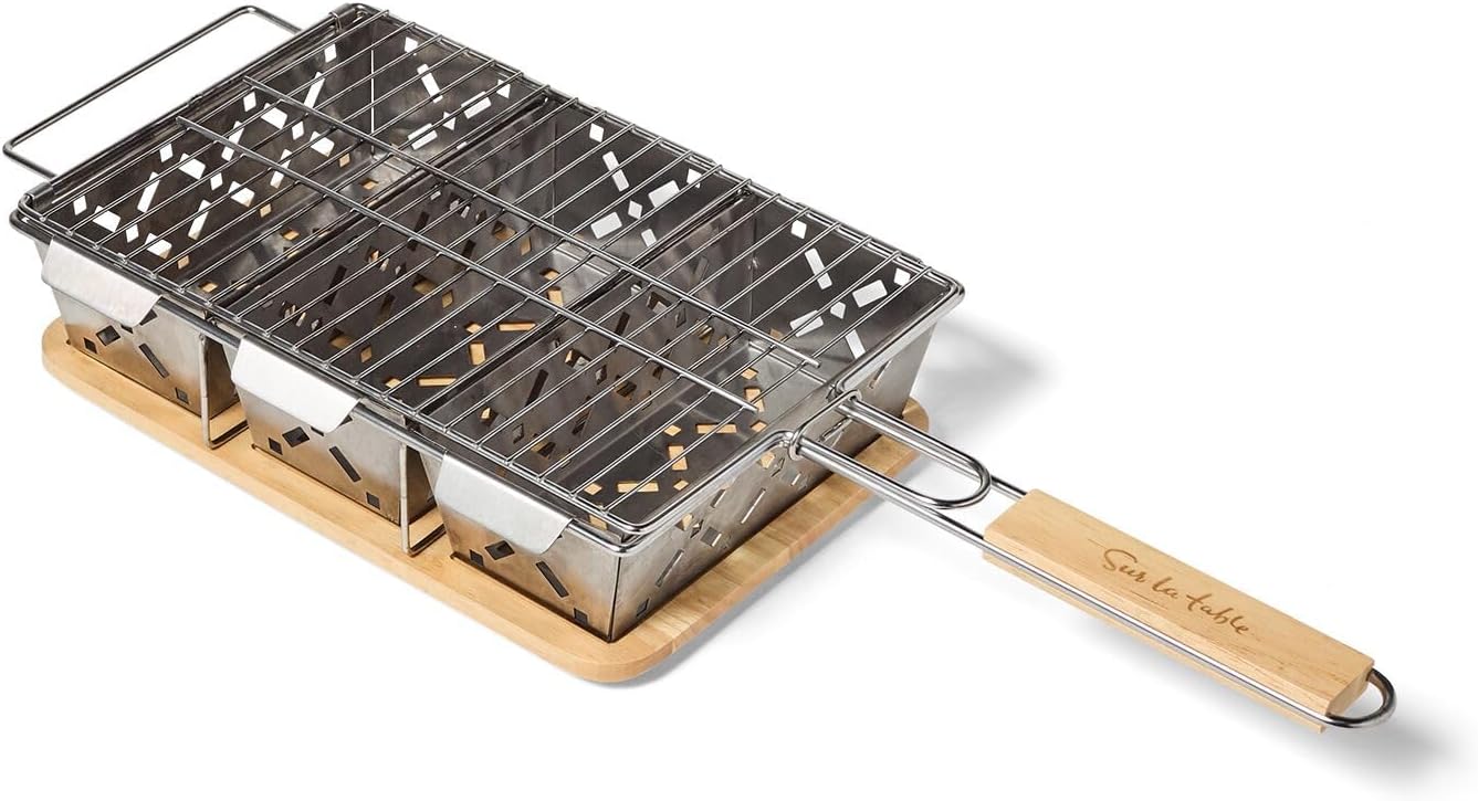 Sur La Table Stainless Steel Grill Baskets with Wooden Trivet, Silver