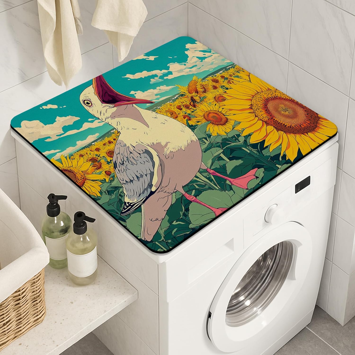 Sunflower Washer Dryer Top Protector Mat, Vintage Artistic Floral Laundry Machine Covers, Seasonal Rubber Anti-slip Waterproof Washer And Dryer Mats for Home 24x24 Inch
