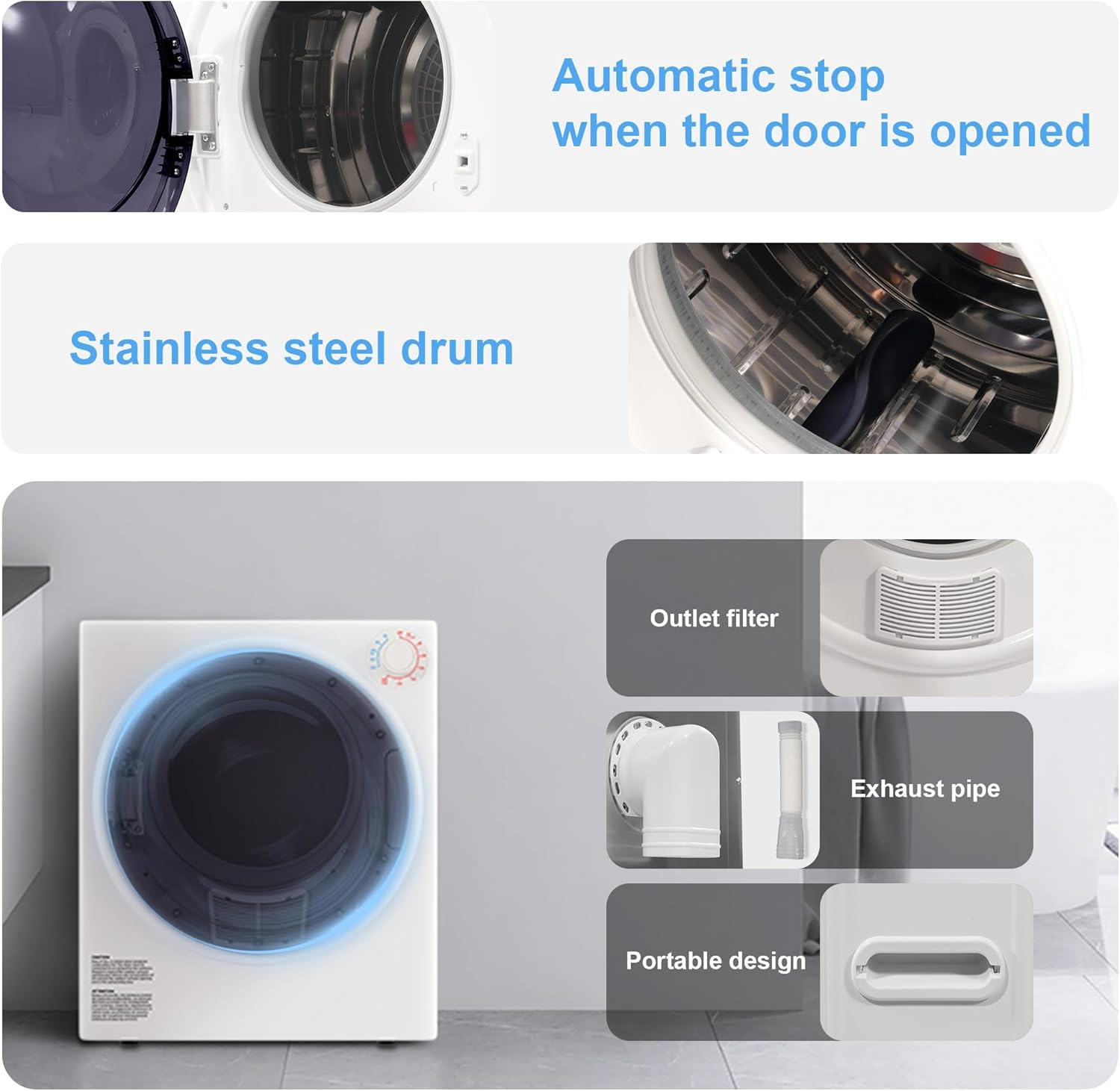 Elevon 800W Portable Clothes Dryer, 2.6 cu.ft Electric Drying Machine for Laundry with Stainless Steel Tub for Apartment, Rvs, Compact Dryer for Small Space, Black/White