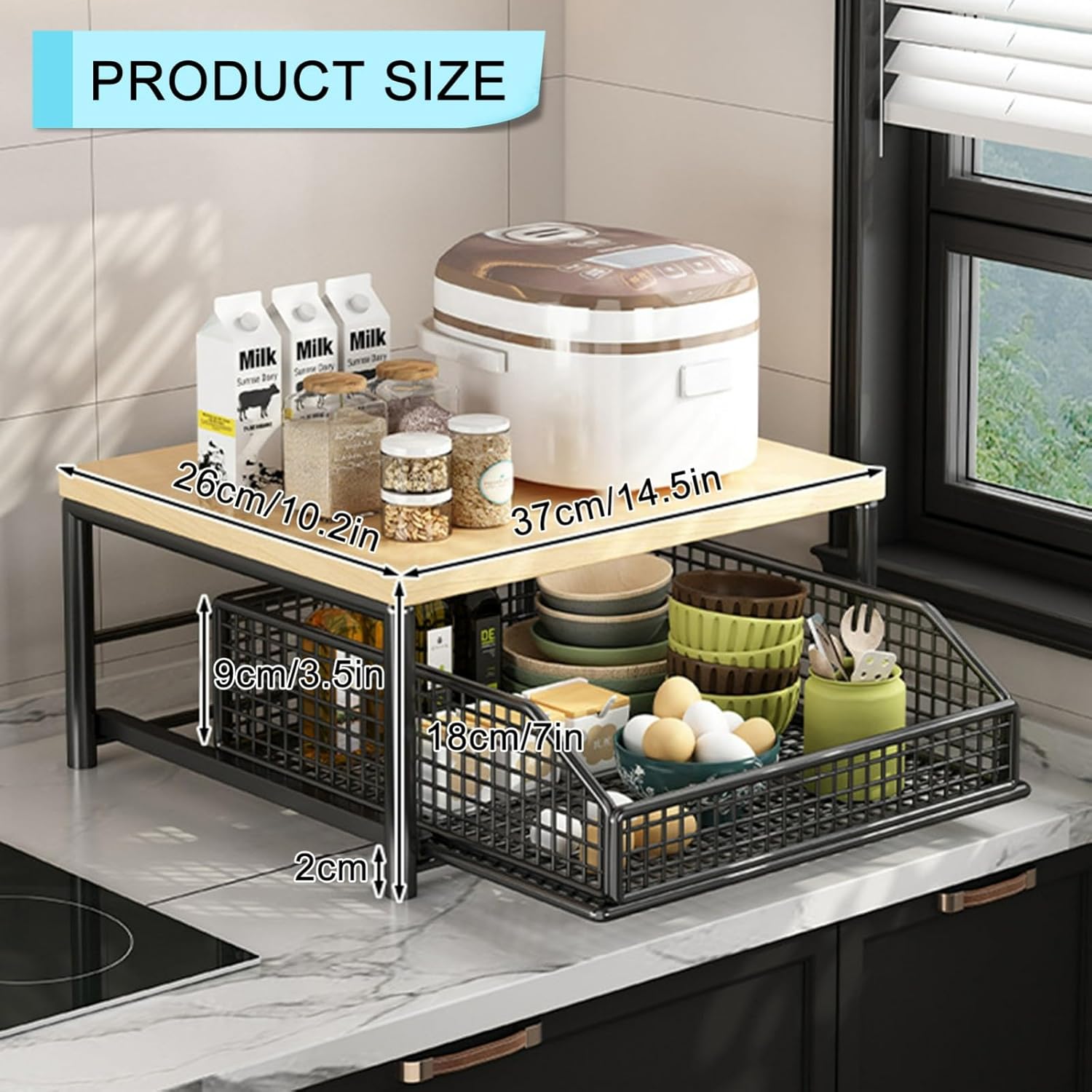 Kitchen Microwave Cart, Small Kitchen Shelf Microwave Stand with Bottom Storage Basket, No Wheels, Storage Microwave Shelf for Office, Living Room, Bedroom(Black,S)
