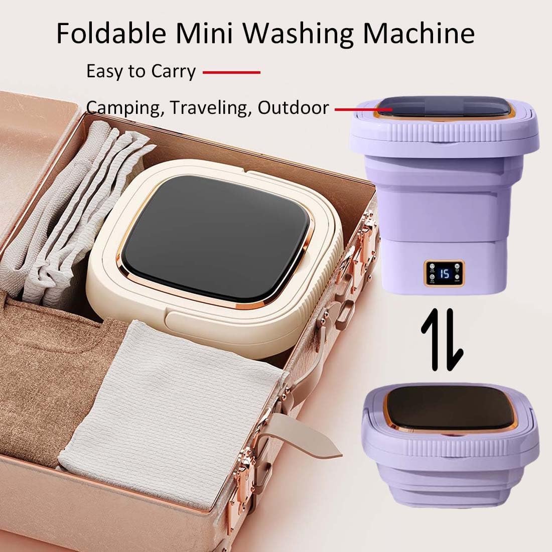 Foldable Washer and Dryer Portable Washing Machine with Dehydration Basket 9L Large Capacity for RVs Camping Apartments Dorms(Cream Yellow)