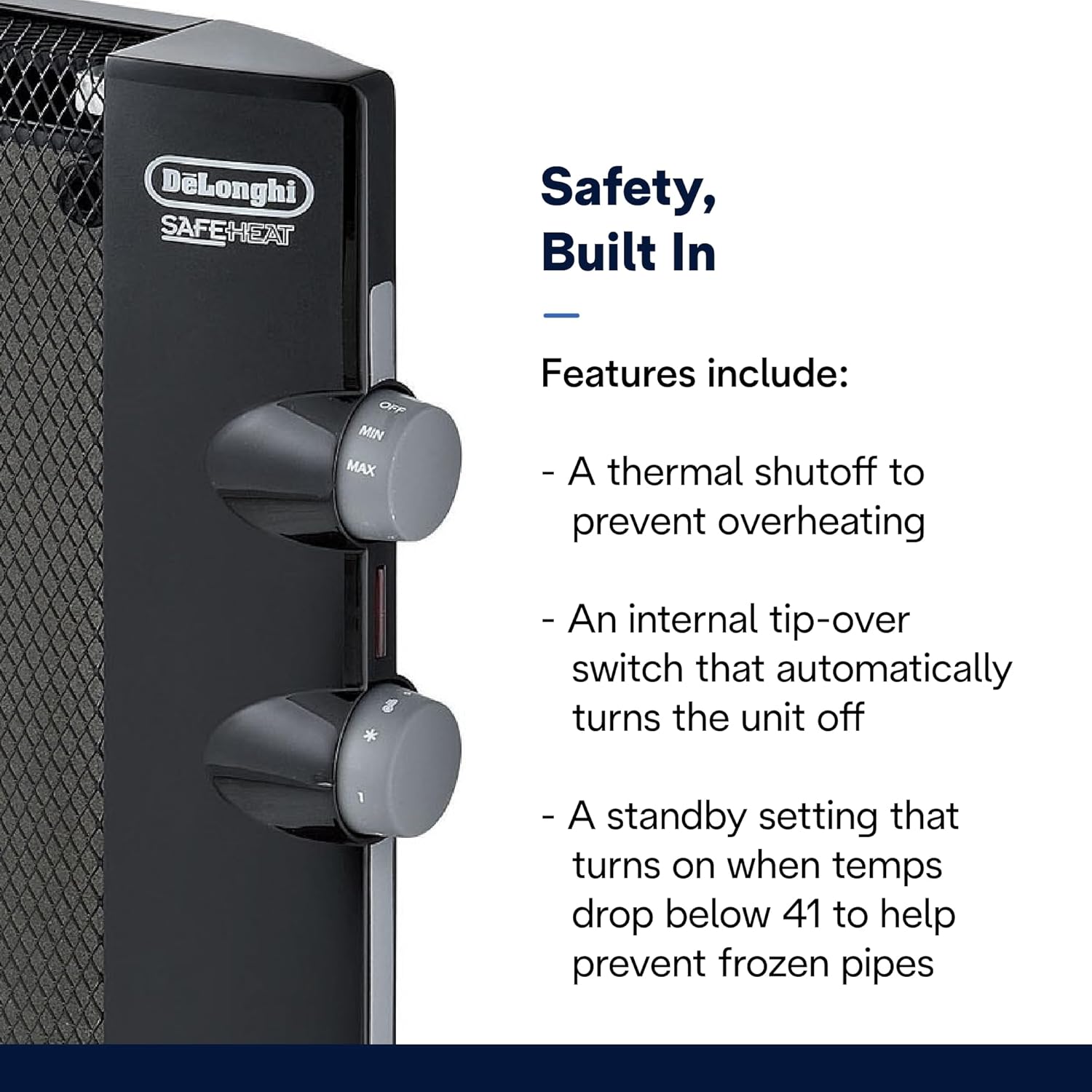 DeLonghi Mica Panel Space Heater, 1500W quiet electric space heater for indoor use, adjustable thermostat, freestanding/ easy wall mount, full room heating with built-in safety features, HMP1500 Black