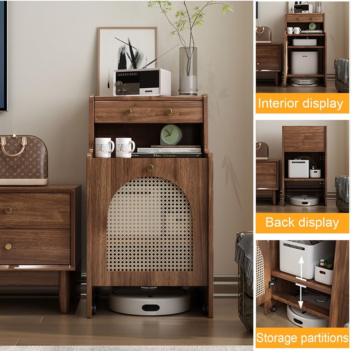 Robot Vacuum Storage Cabinet with Wheels, Hidden Organizer with Doors and Drawers for Sweeping Robots, Mobile Vacuum Rack for Living Room, Bedroom, Kitchen, Solid Wood, Easy Water Changing(Yellow)