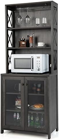 LOKO Kitchen Pantry Storage Cabinet, Farmhouse Buffet Hutch with Stemware Rack, Microwave Countertop & Tempered Glass Doors, 67.5