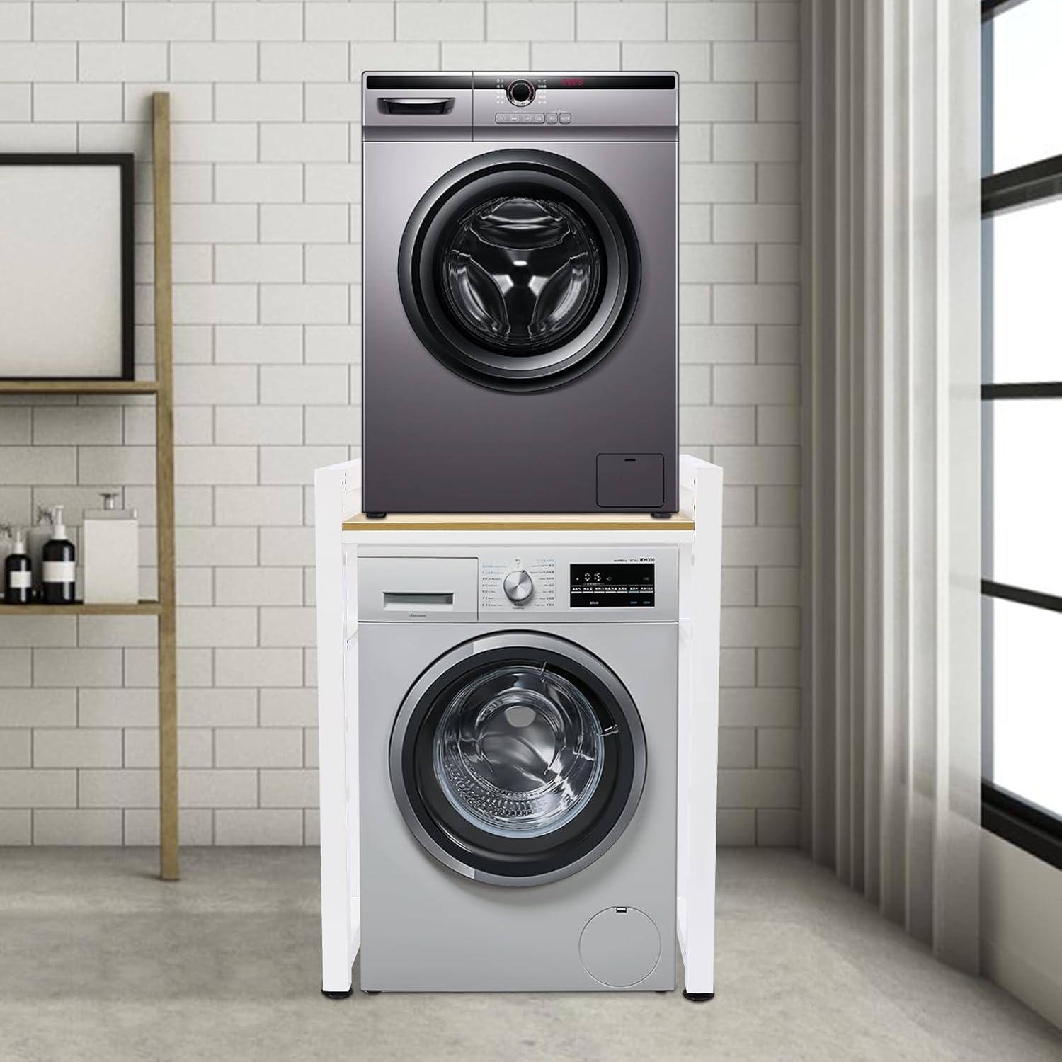 2-Tier Washer Dryer Stacking Rack - Heavy Duty Metal Storage Stand Holds 420lbs, Adjustable Shelves for Secure Appliance Stacking in Laundry Room Bathroom (White)