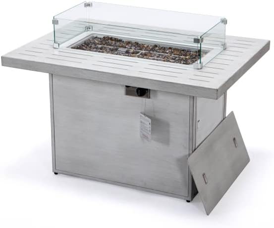 LeisureMod Chelsea Propane Fire Pit 44 Inch 55,000 BTU Auto-Ignition Gas Fire Pit Table with lid, Wind Guard and Decorative Stones Aluminum Frame (Weathered Grey)