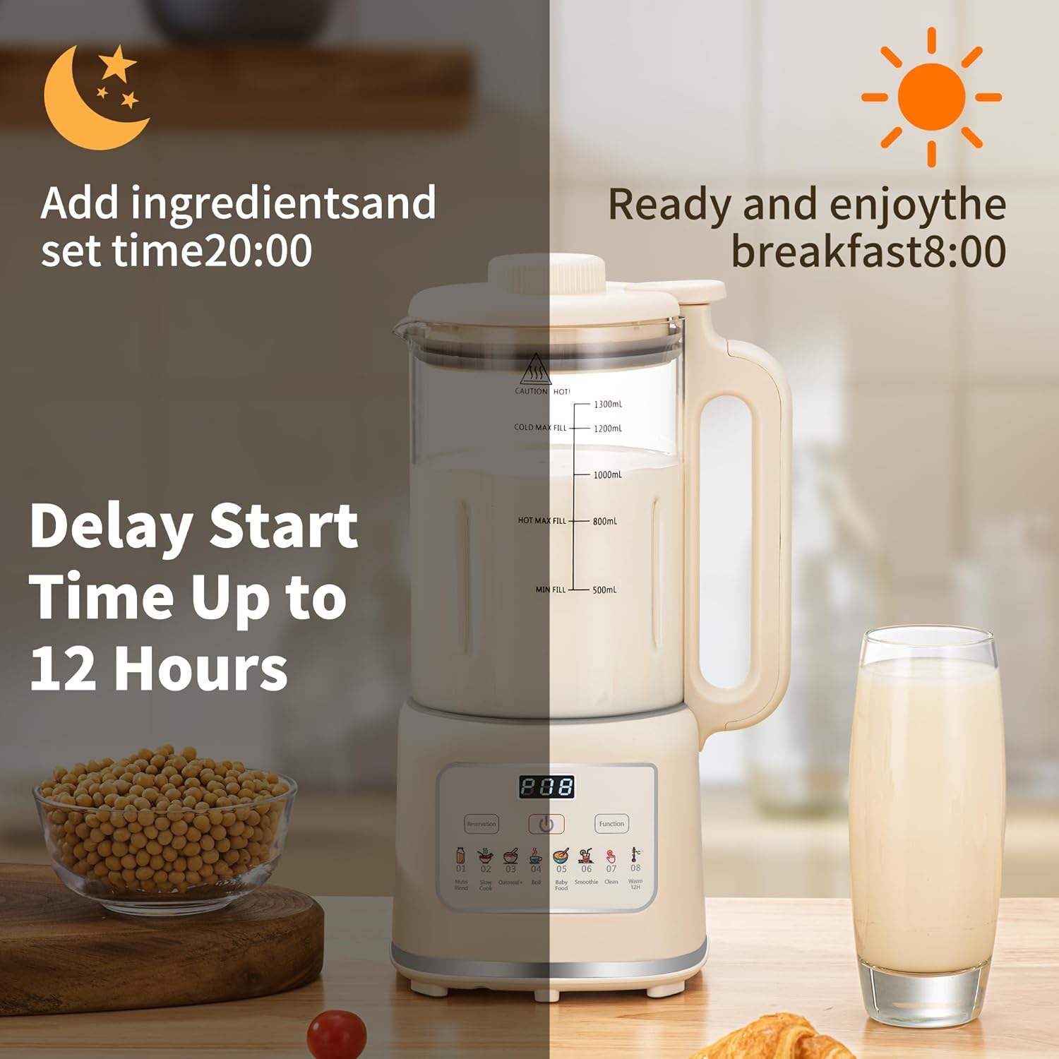 8 in 1 Nut Milk Maker Blender With 20 Bladers,40oz Soy, Almond, Oat, Coconut, Plant Based and Non Dairy Beverages, Automatic Soybean Machine With Delay Start/Keep Warm/Boil Water/Auto-clean.