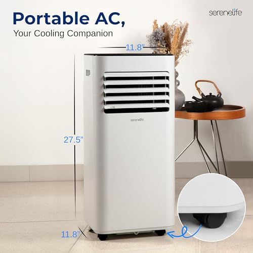 SereneLife 10000 BTU Portable Air Conditioner - Free-Standing A/C Unit w/Cooling, Dehumidifier & Fan, Energy Efficient, 320 Sq. Ft. Coverage, Includes Window Mount Kit & Wheels, 11x11x27 IN (White)