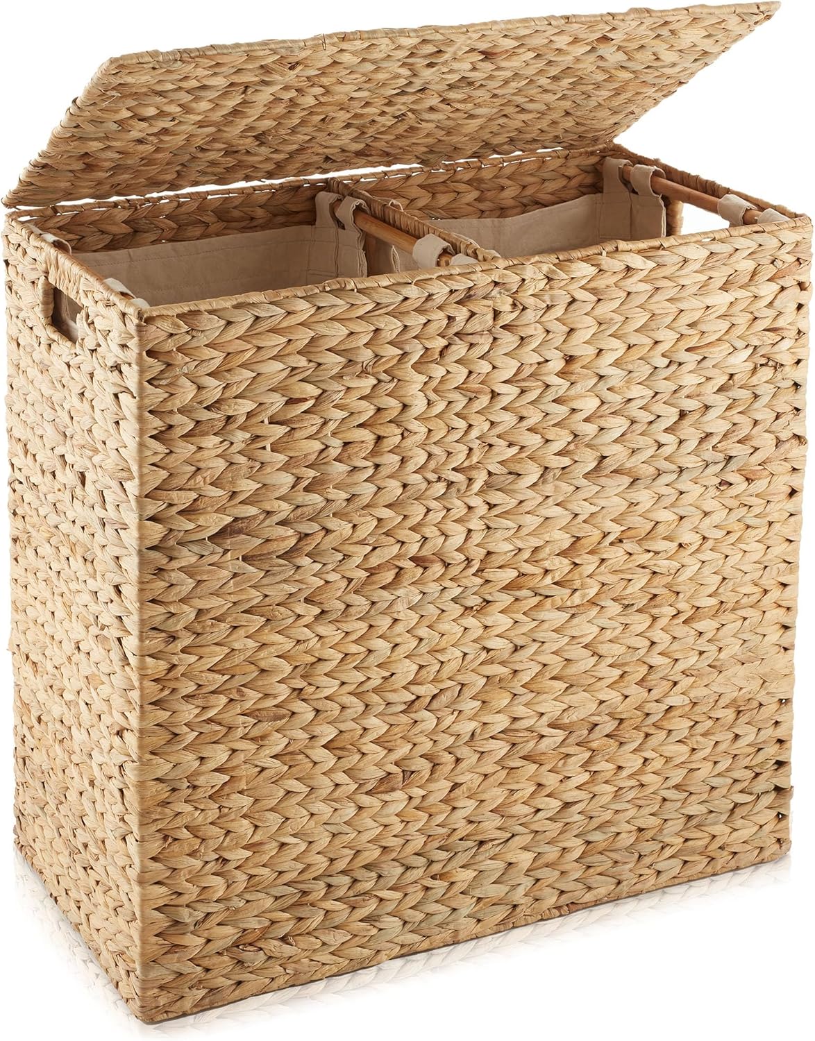Casafield 2-Section Laundry Hamper with Removable Liner Bags - Natural, Woven Water Hyacinth Double Laundry Basket Sorter for Clothes and Towels
