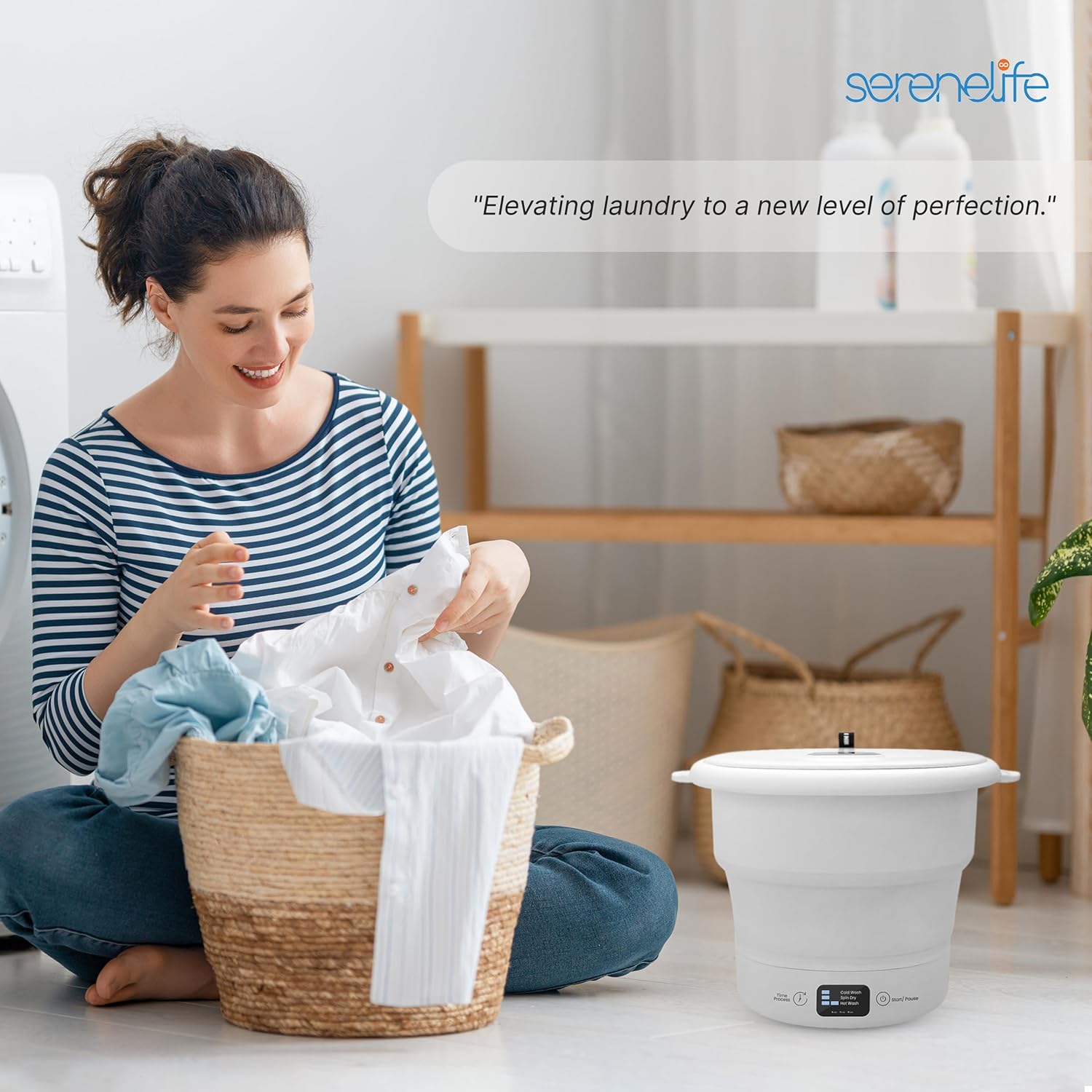 SereneLife PUCWM44.5 Portable Mini Washing Machine – Folding Bucket Washer for Clothes & Laundry – Lightweight, Compact & Easy to Carry for Camping, RV, Travel, Apartments & Small Spaces (Off White)