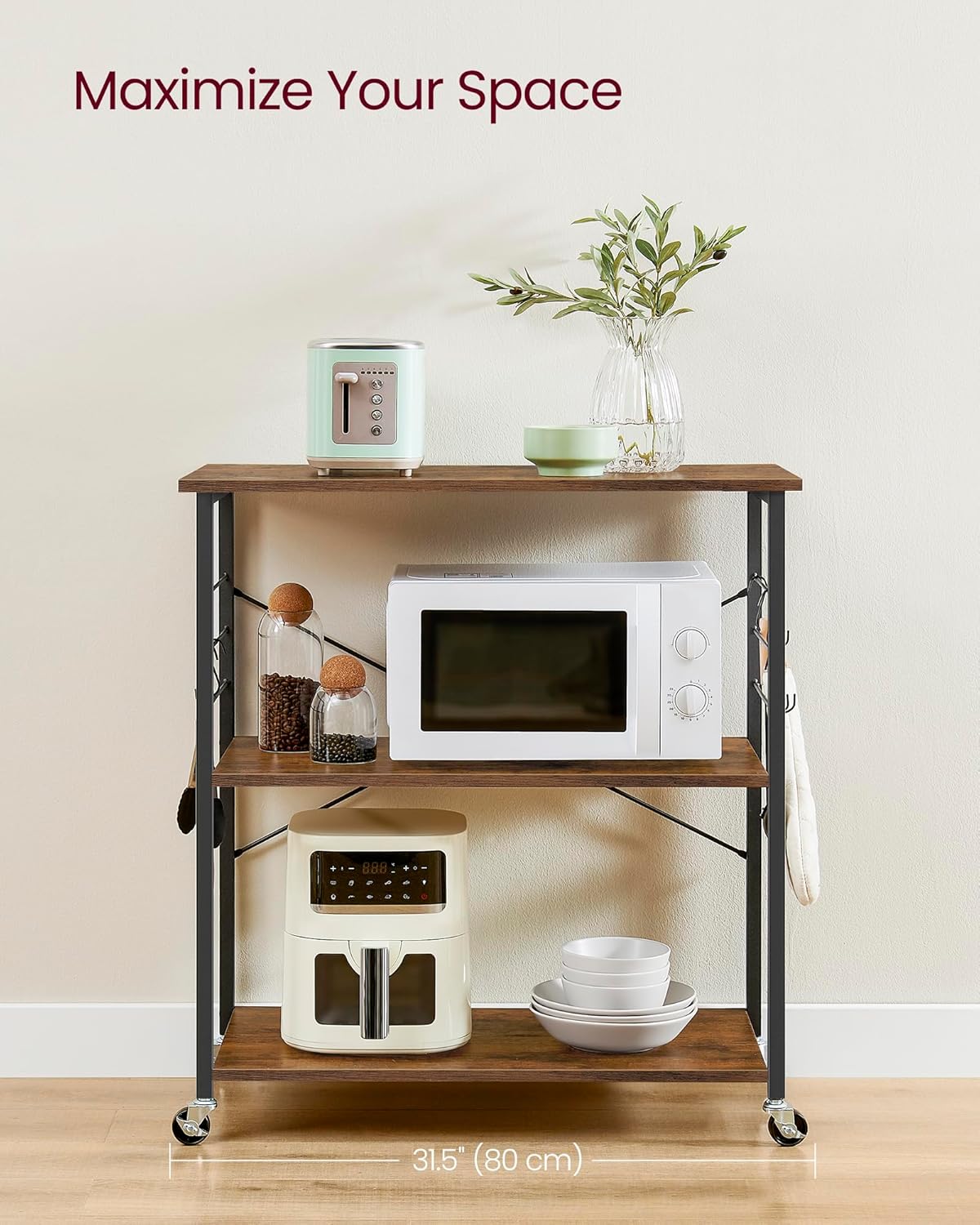 VASAGLE Kitchen Shelf on Wheels, 31.5 Inches Serving Cart with 3 Shelves, Kitchen Cart, Microwave Shelf, for Mini Oven, Toaster, with 6 Hooks, Industrial Style, Rustic Brown and Ink Black UKKS067K01