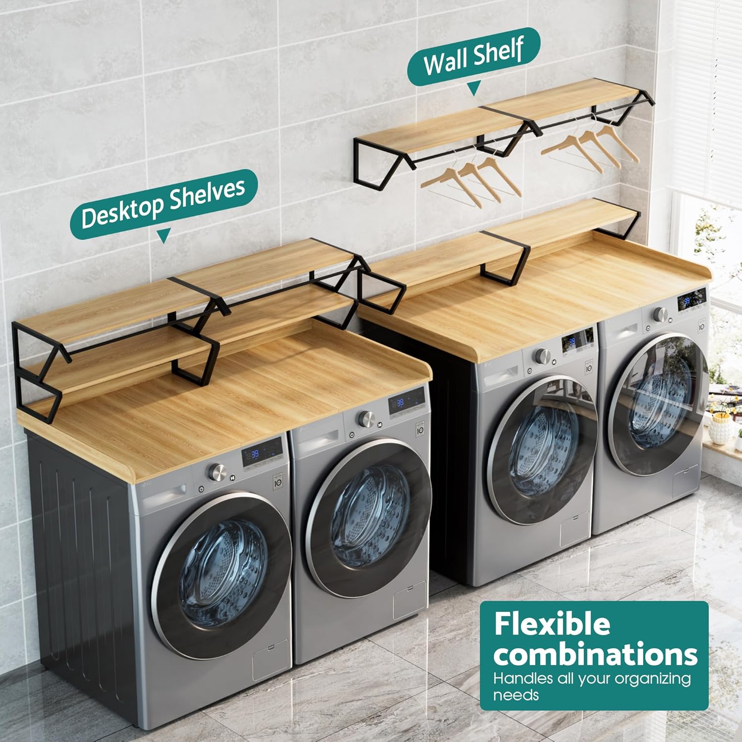 Set Washer Dryer Countertop with Hanging Rod, Laundry Countertop with Wall Shelf for Laundry Room Organization, Washer Dryer Topper with Anti-Slip Pads and Raised Edges Oak