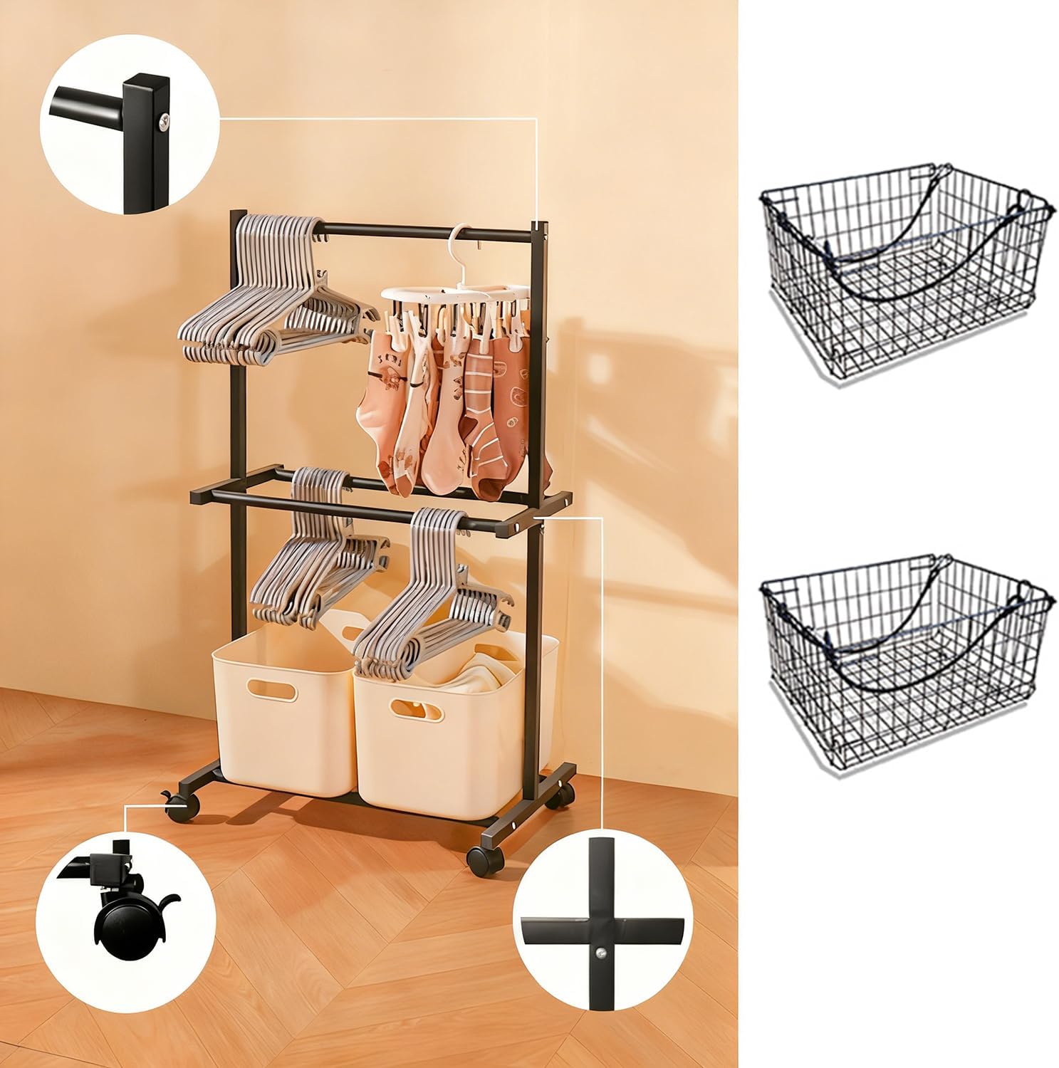 2 Tier Laundry Basket with Wheels & Removable Wire Laundry Cart, Space-Saving Vertical Laundry Sorter Cart on Lockable Wheels, Rolling Hamper Organizer for Laundry Room, Bathroom, Bedroom (Black)