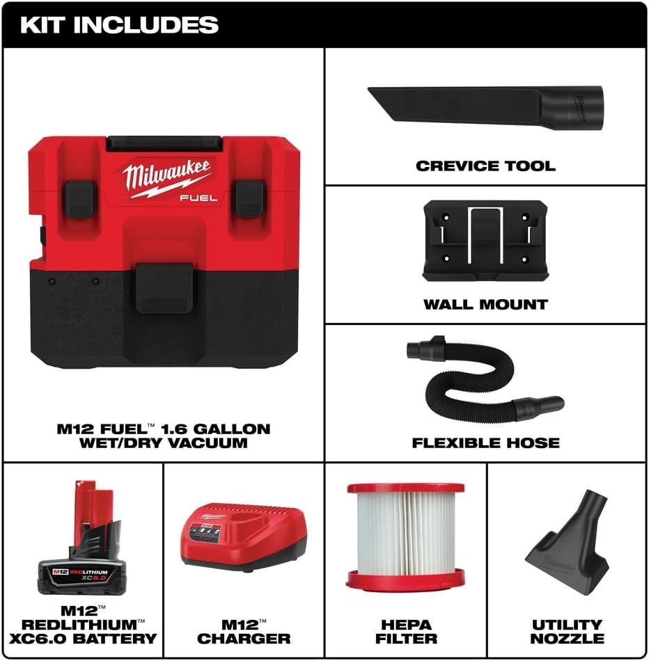 MilwaukeeTool 0960-21 12-Volt 1.6 Gal. Lithium-Ion Cordless WetDry Vacuum Kit with 6.0 Ah Battery and Charger