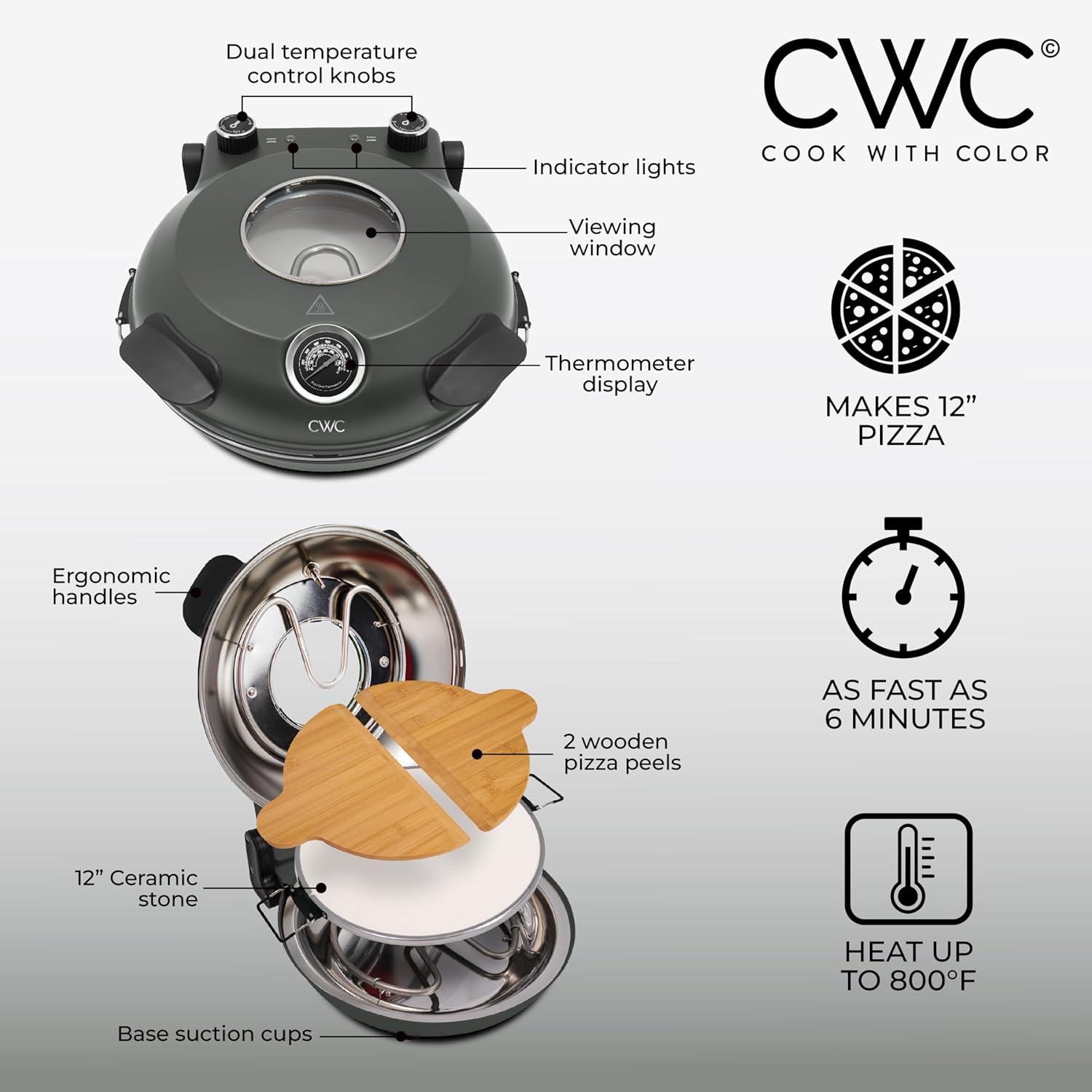 Cook With Color Electric Indoor Pizza Oven – Crispy Crust Countertop Pizza Maker, Heats up to 800˚F, 12 Inch Ceramic Stone, Dual Temperature Control Knobs, Bamboo Peel Included, Gunmetal Grey