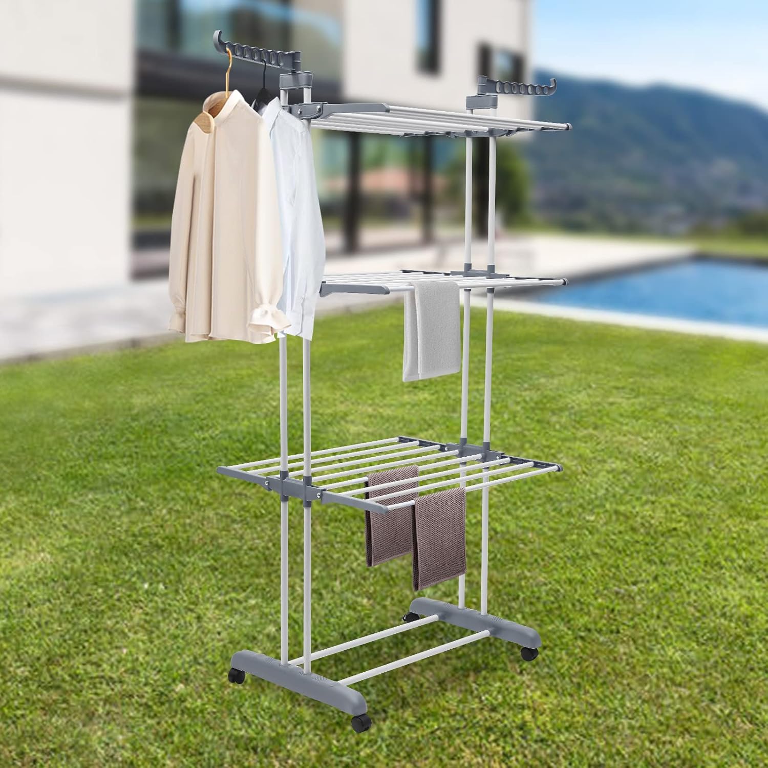 Clothes Drying Rack, 4-Tier Foldable Stainless Steel Drying Rack, Movable Drying Rack with 4 castors, for Balcony, Patio, Indoor Outdoor Use