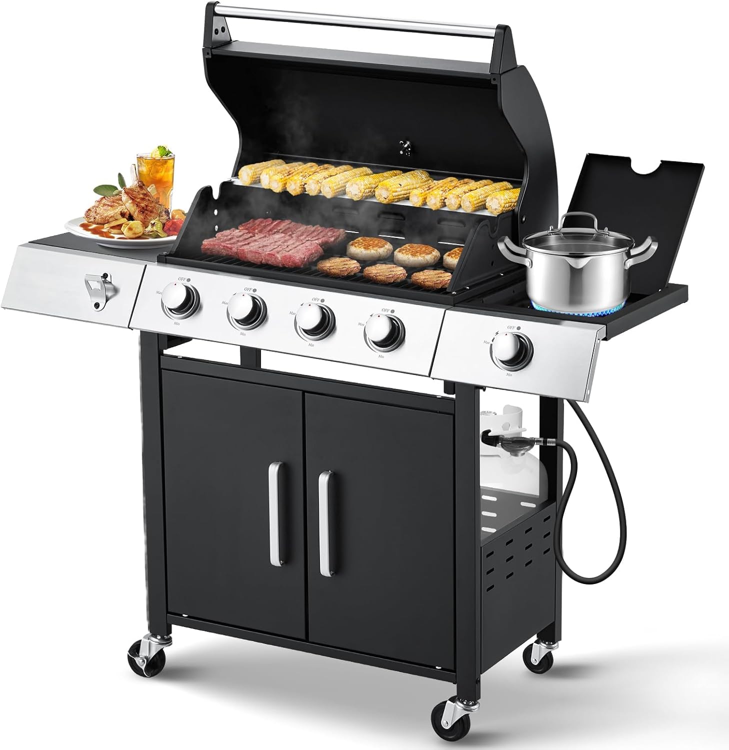MELLCOM Upgraded 44,000 BTU Stainless Steel Burner Barbecue Grill, 4 Burner BBQ Propane Gas Grill with Side Stove & Cast Iron Grates for Patio, Camping, Outdoor Cooking