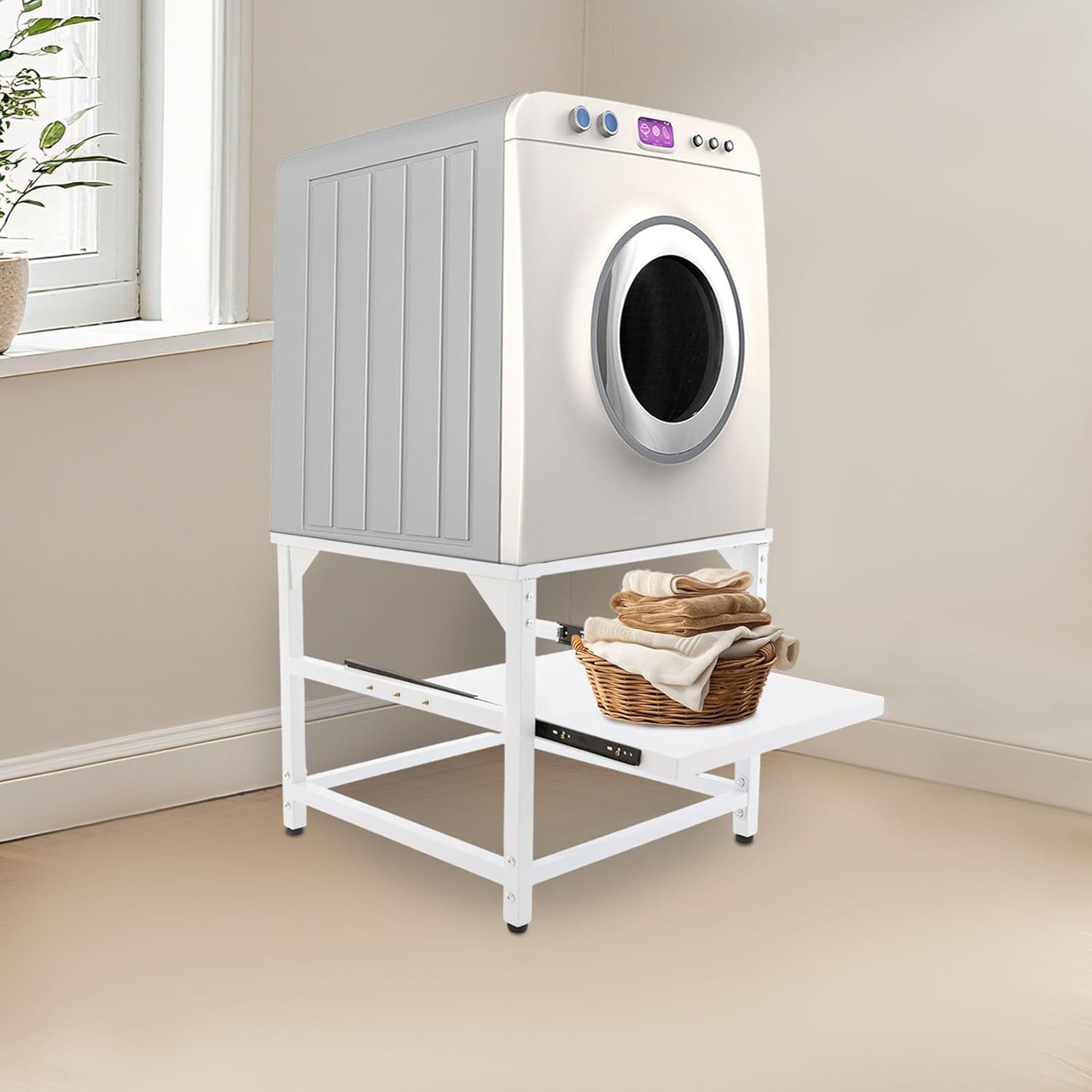 Washing Machine and Dryer Stand Platform Universal Fit 330lbs Capacity 20.5 inches Height Washing Machine Base with Pull-Out Shelf Washer and Dryer Pedestals for Laundry Rooms-White
