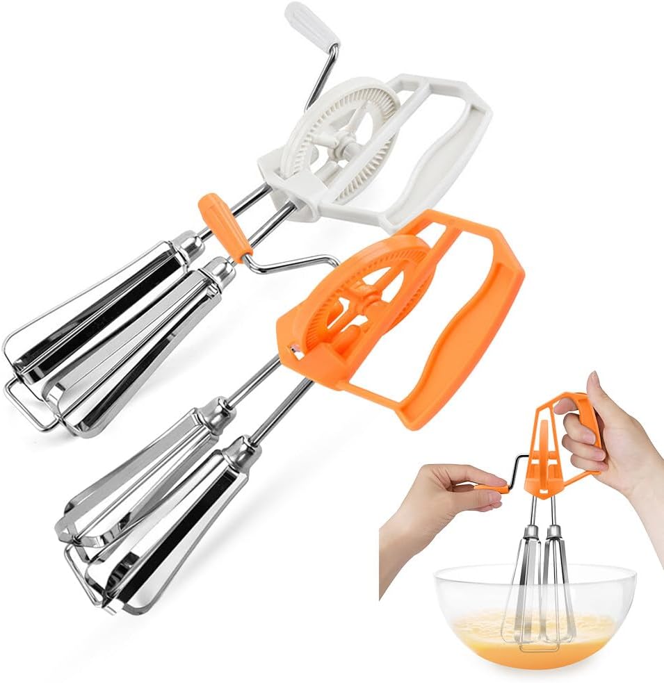 Stainless Steel Whisks, Hand Push Whisk Blender Semi-Automatic Quick Mixer Egg Milk Beater Milk Frother Rotating Push Household Whisk Mixer for Blending, Whisking (10 inches Orange)