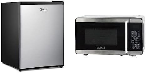 Midea WHS-87LSS1 Refrigerator, 2.4 Cubic Feet, Stainless Steel & West Bend WBMW71S Microwave Oven 700-Watts Compact with 6 Pre Cooking Settings, Speed Defrost, Electronic Control Panel