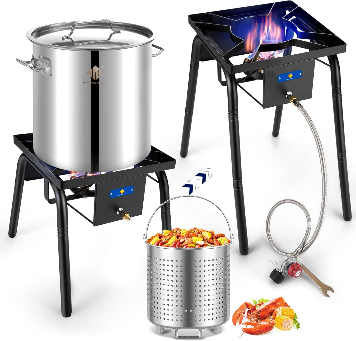 ARC Stainless Steel Seafood Boil Pot With 220,000 BTU Propane Burner for Outdoor Cooking，w/Basket for Outdoor Deep Fryer, Large Cooking Pot for Turkey Fryer, Shrimp, Lobster Boiling Stock Pot (100QT)