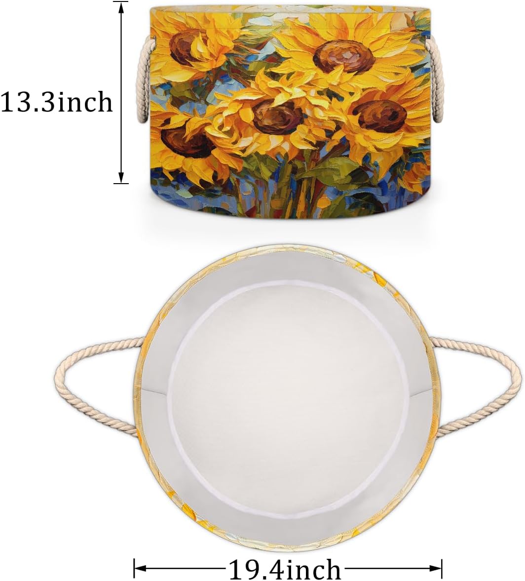 Abstract Oil Painting Sunflower Round Storage Basket Laundry Hamper Collapsible Laundry Basket with Handles Large Canvas Storage Bin for Clothes Toys Nursery Bedroom Closet Organizer