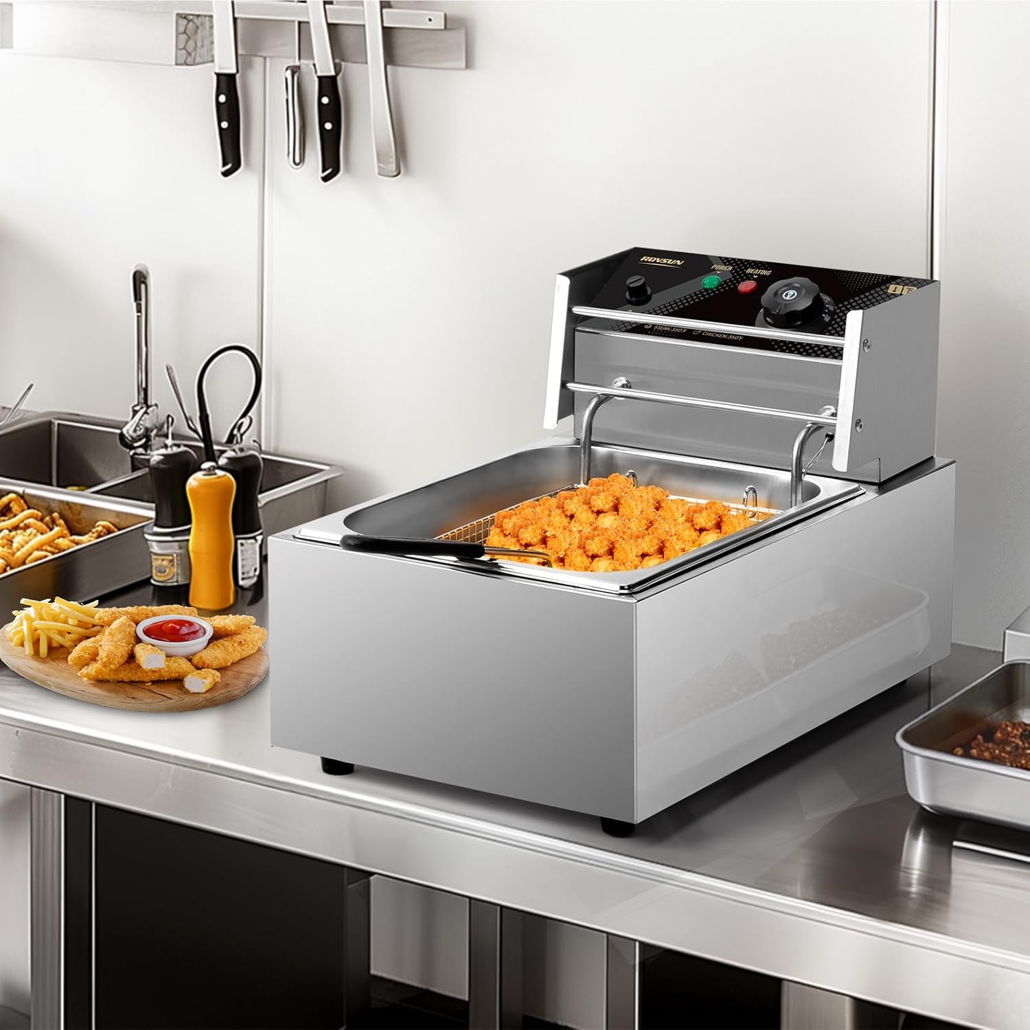 ROVSUN 11.4QT Electric Deep Fryer with Basket & Lid, 1700W Commercial Deep Fryer w/Adjustable Temperature Stainless Steel French Fryer for Home and Commercial Kitchens