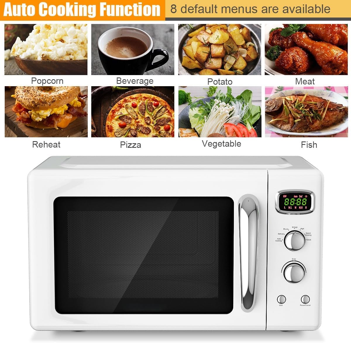 Retro Countertop Microwave Oven, SIMOE Compact Microwave Oven 0.9 cu.ft. W/Child Lock, 5 Micro Power, Defrost & 8 Auto-cooking, LED Display, Easy Clean Interior, White, 900 W
