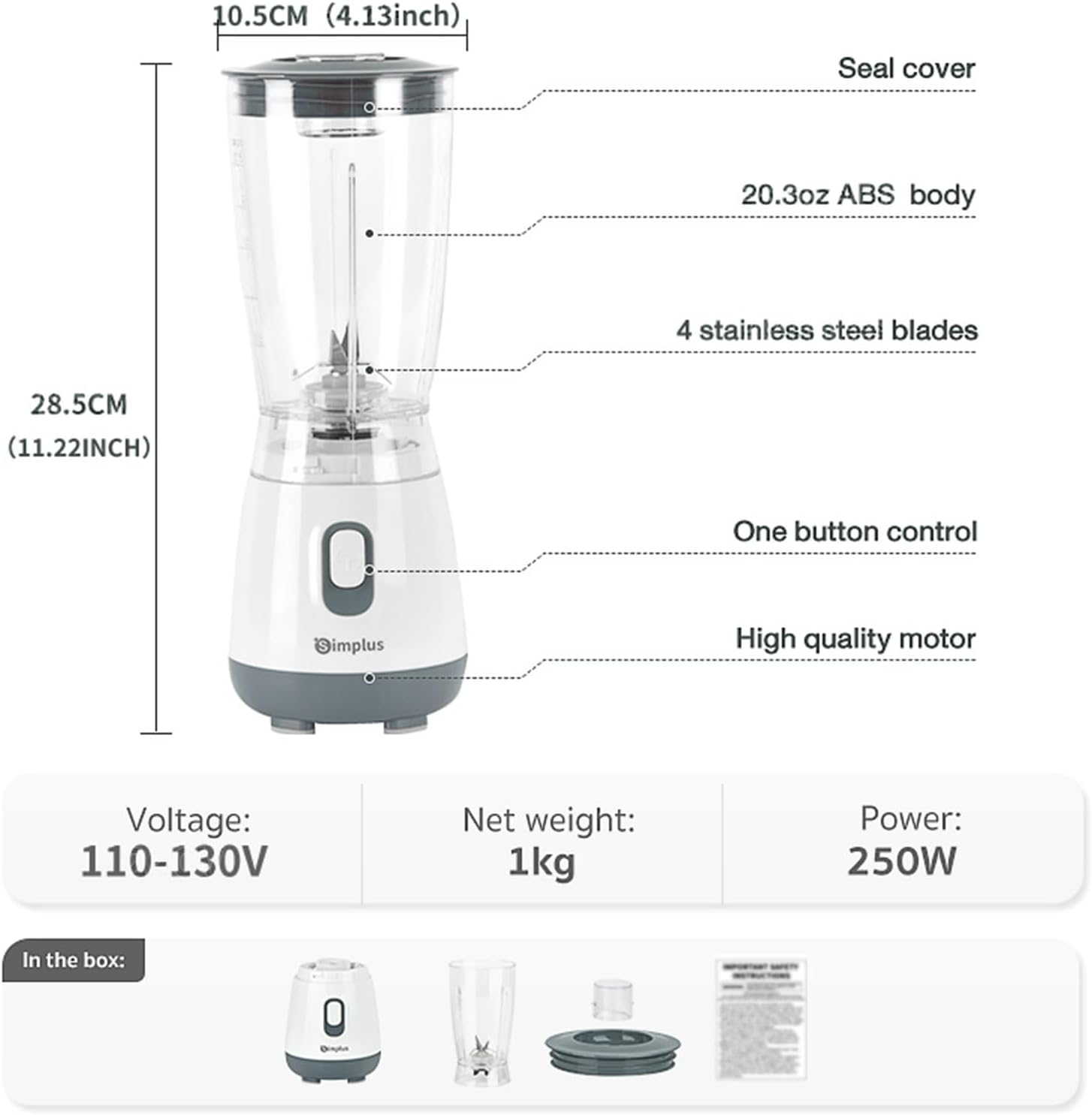 SIMPLUS Blender for Smoothies, 20 Oz BPA-Free Portable Small Blenders for Kitchen, Mini Juicer for Shakes, Protein Drinks, Baby Food, 300 Watts Blender & Food Processor, Stainless Steel Cutter, Grey
