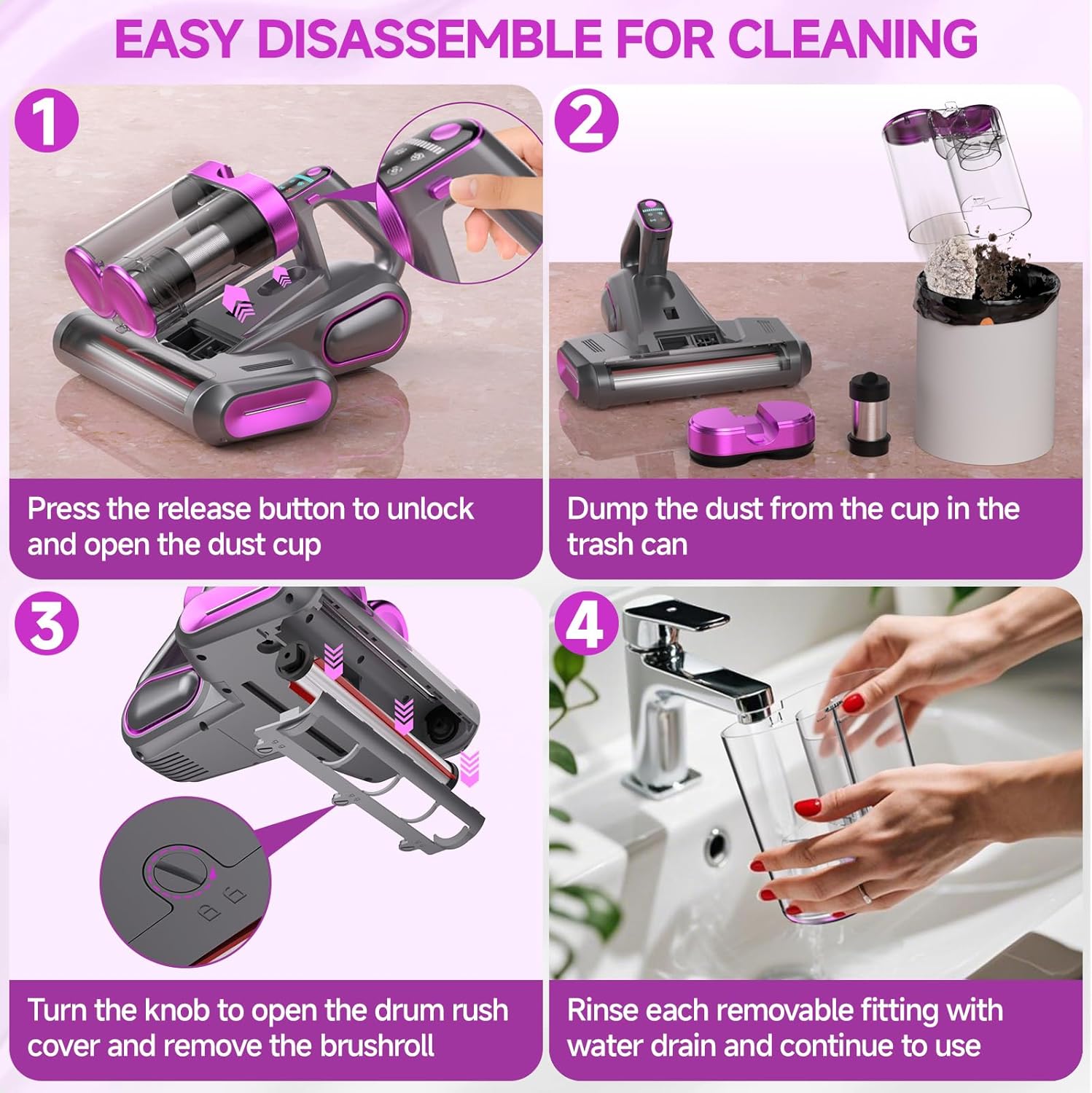 Mattress Vacuum Cleaner - 16Kpa Bed Vacuum with 253.7nm UV-C Light, 140°F Heat, Ultrasonic Tech & Hepa Filter, Portable Handheld Couch Cleaners for Pet Carpet Sofa Hair Home (Purple-Cordless)