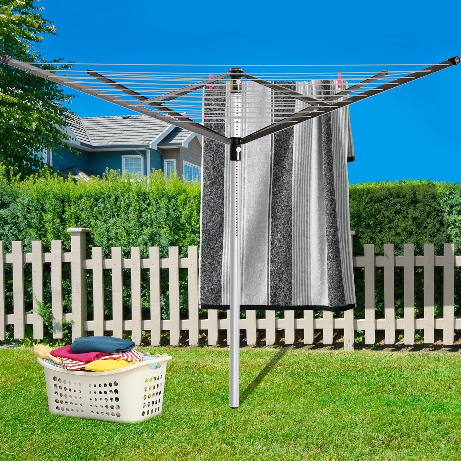 JS Hanger Clothesline Outdoor Rotary Dryer, 4 Arms Foldable Heavy Duty Height Adjustable Clothes Drying Rack, 196FT Drying Space, Hang Wet or Dry Laundry