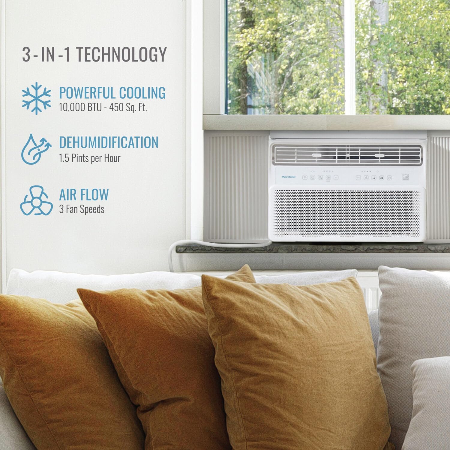 Keystone 10,000 BTU Window Mounted Inverter Air Conditioner with Quiet, High Efficiency Operation and Remote, Window AC Unit for Apartment, Living Room, Bedroom, Medium Rooms up to 450-Sq. Ft.