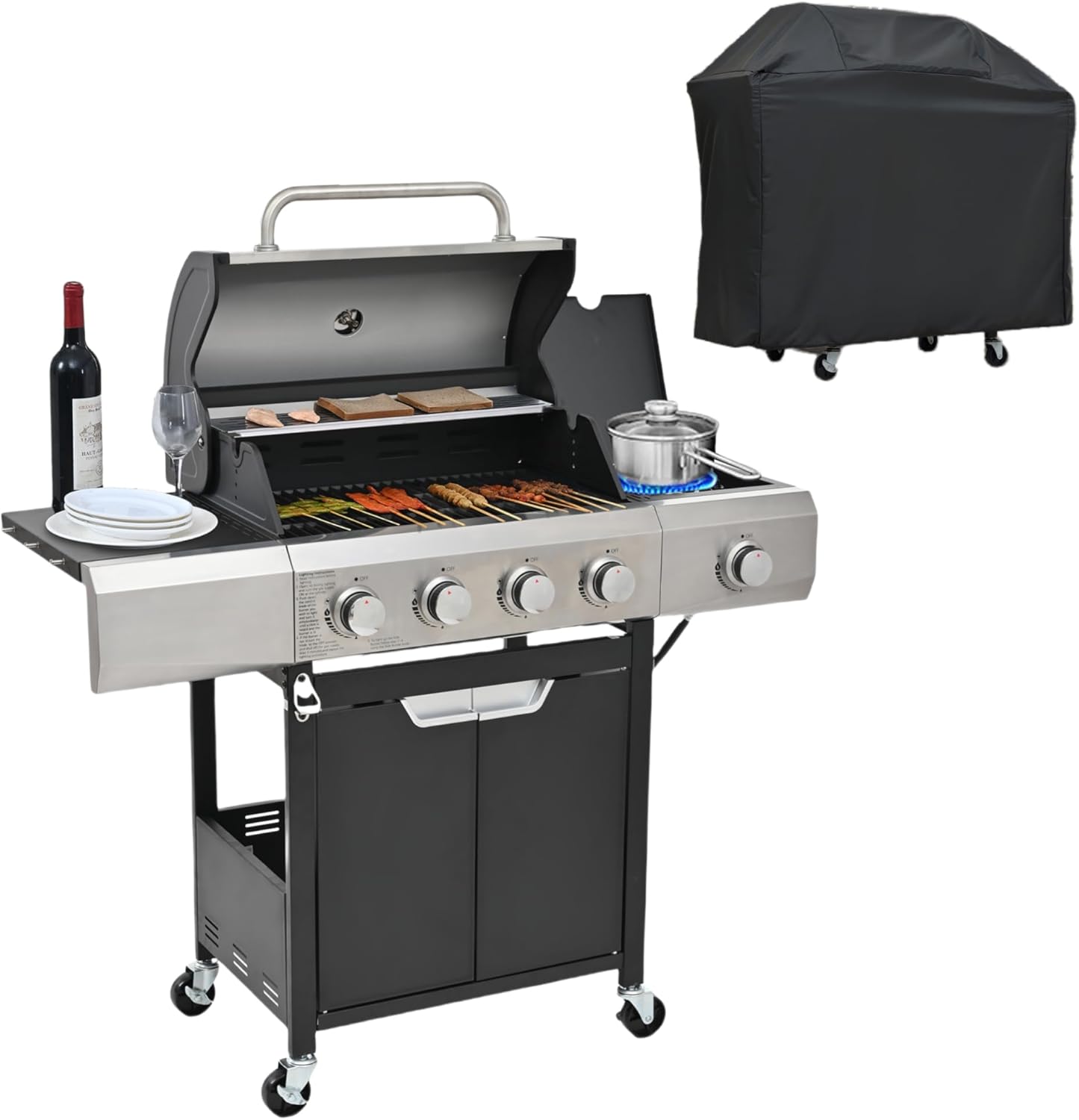 4 Burner Propane Gas Grill with Side Burner & Grill Cover, 51000 BTU Output Outdoor BBQ Grill w/Pull Out Grease Tray, Storage Rack, Tool Hooks & Bottle Opener, Patio Grilling Barbecue Grill