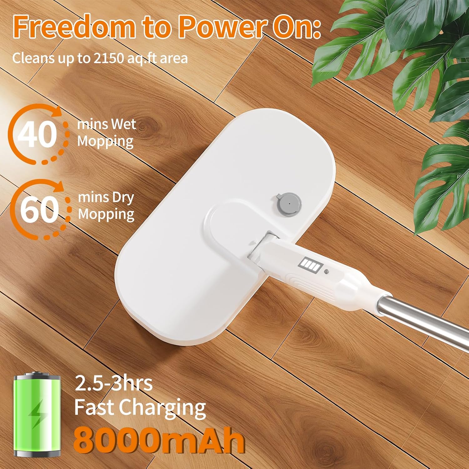 Adjustable Cordless Electric Spin Mop with self-propelled water sprayer/8000mAh Battery/LED Headlight,self-propelled design with 6 Washable mop Pads for Hardwood, Tile Floors, Quiet Cleaning/Waxing