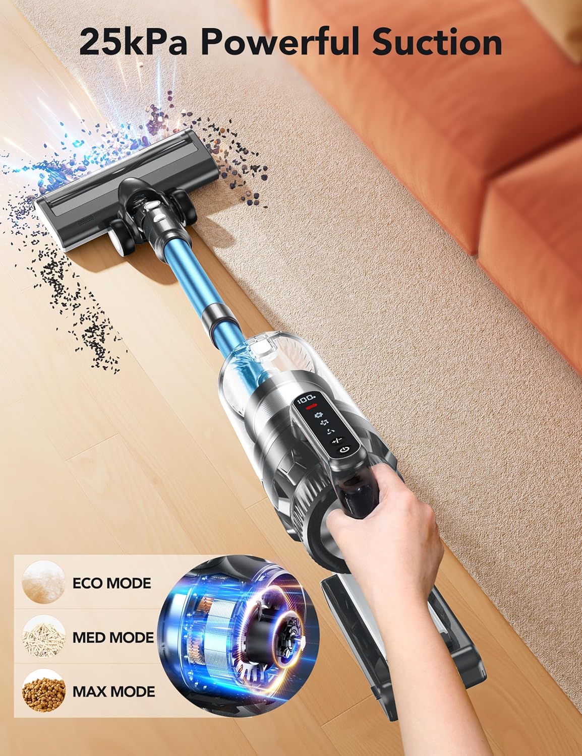 Cordless Vacuum Cleaner, 23000pa Powerful Lightweight Stick Vac with LED Headlights, 45min Runtime, 3 Modes, Removable Handheld Vac with HEPA Filter for Carpet, Hard Floor, and Pet Hair (Blue)